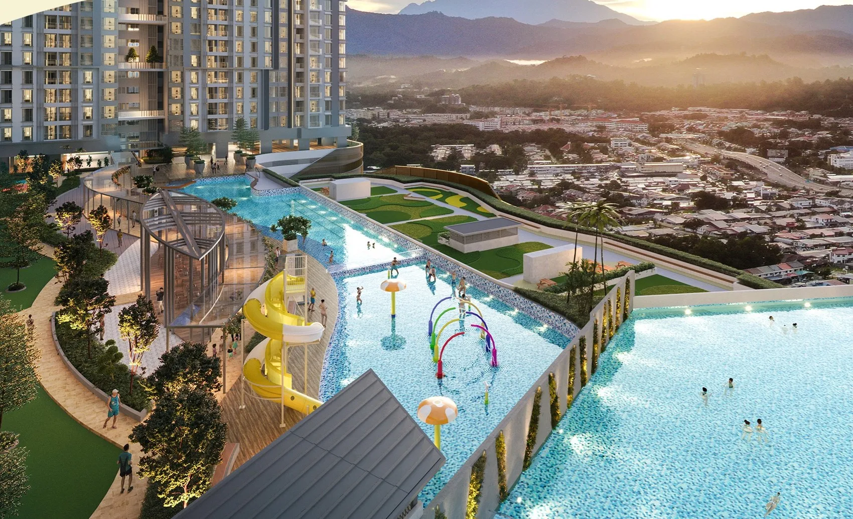 Artist’s impression of the facilities deck from above: children’s water play, slide and swimming pool, from the developer’s brochure at 88 Avenue, Kepayan, Kota Kinabalu, Sabah