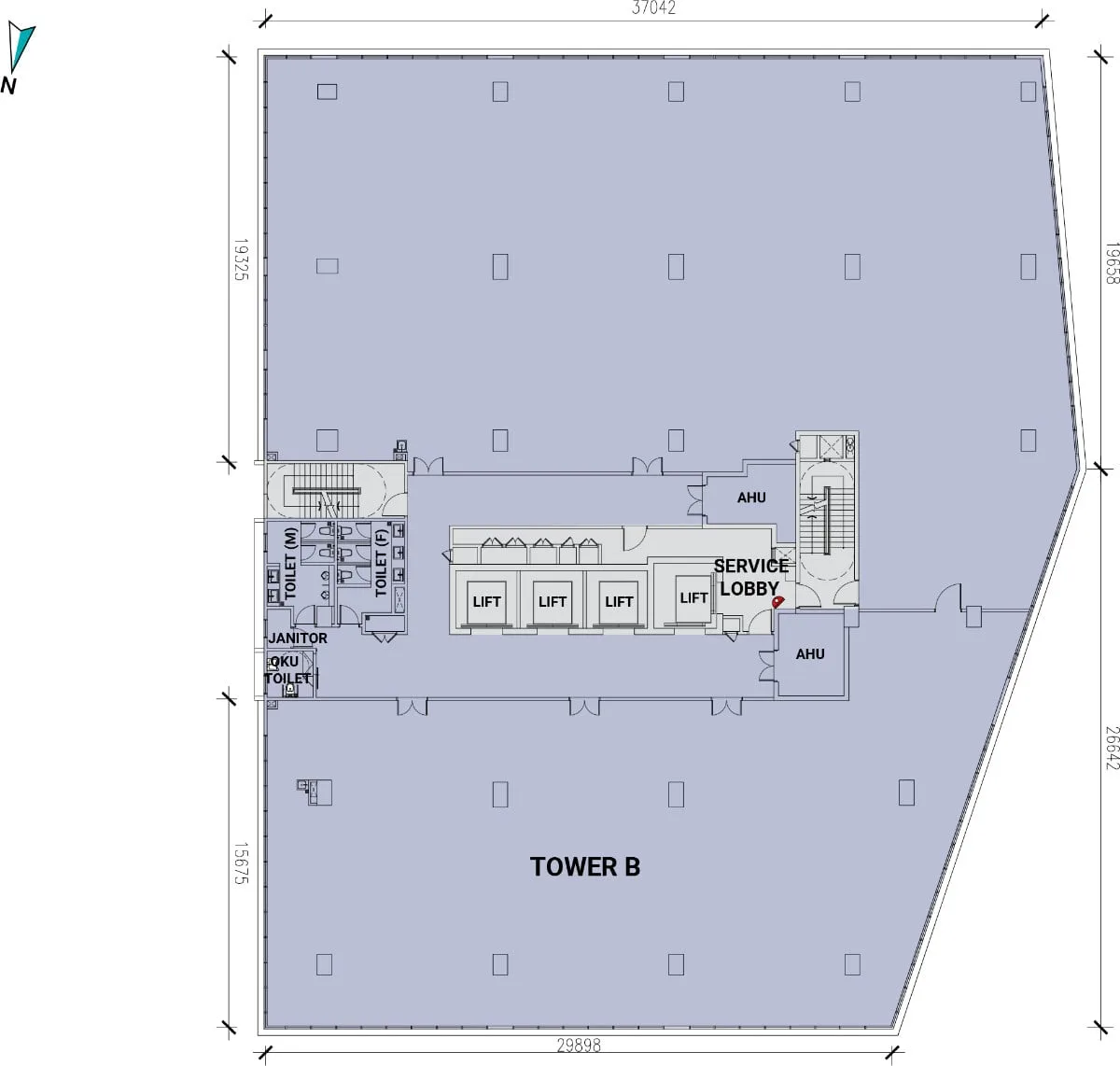 Atwater Corporate Office Towers — typical office floor plate, Levels 11 to 16 (developer's plan, not to scale)