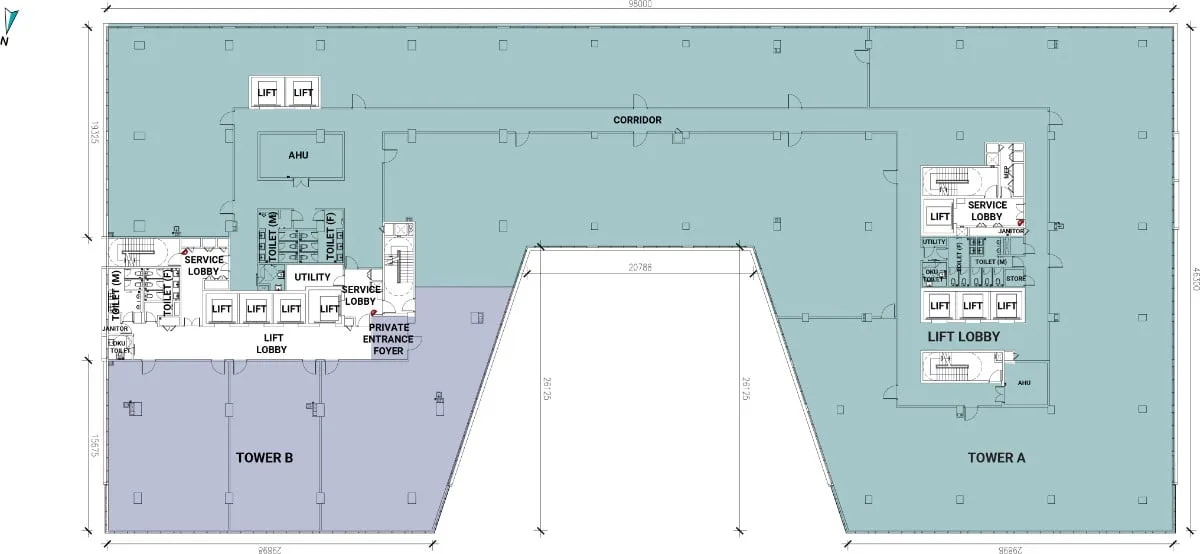 Atwater Corporate Office Towers — typical office floor plate, Levels 2 to 5 (developer's plan, not to scale)
