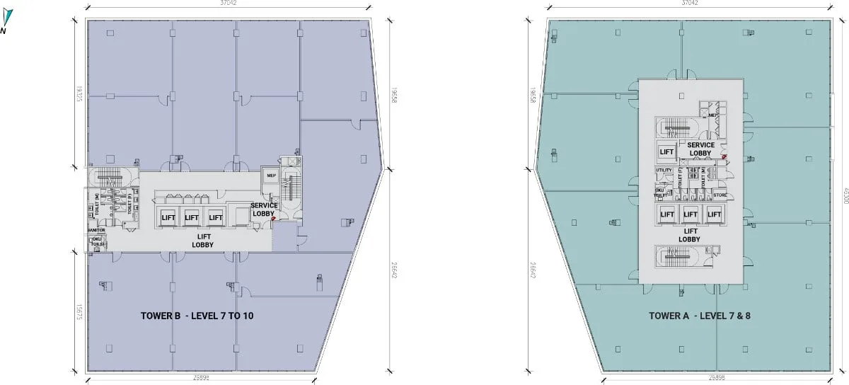 Atwater Corporate Office Towers — typical office floor plate, Levels 7 to 10 (developer's plan, not to scale)