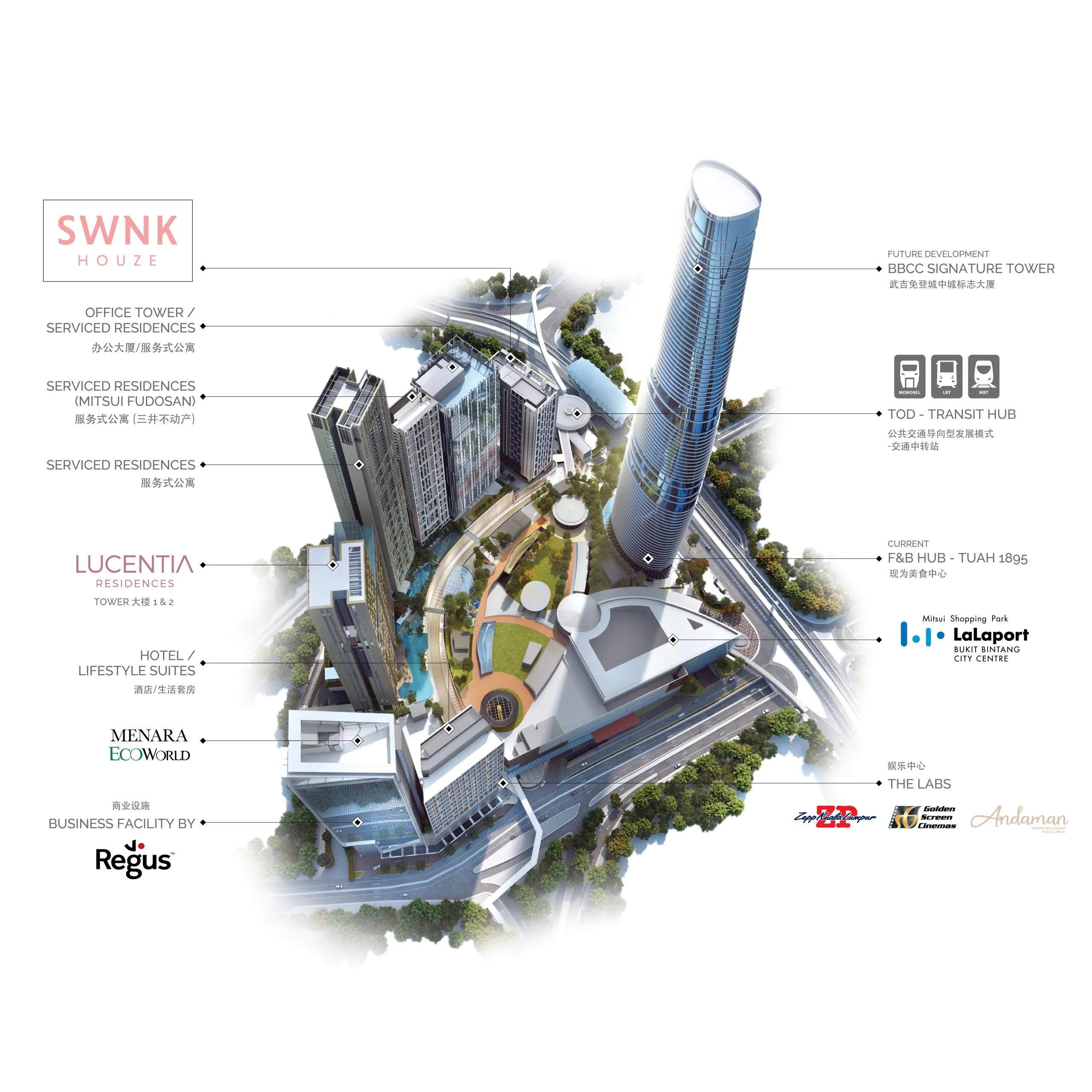 Masterplan illustration as published May 2021 for Bukit Bintang City Centre by BBCC Development Sdn Bhd, Jalan Hang Tuah, Bukit Bintang, Kuala Lumpur, Federal Territory