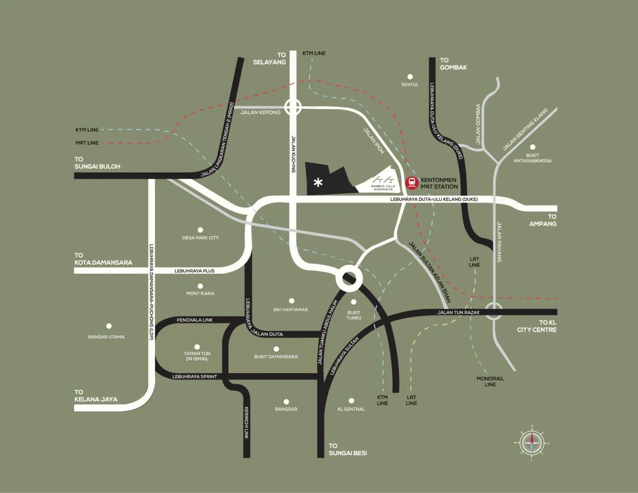 Developer marketing location map, the one image here whose subject is established at Bamboo Hills Residences @ Kuala Lumpur (Residensi Bukit Bamboo, KPKT 30343-1 and 30343-2) by Concord Housing Development Sdn Bhd, Taman Bambu, Jalan Ipoh / Kentonmen corridor, Mukim Batu, Kuala Lumpur, Wilayah Persekutuan Kuala Lumpur