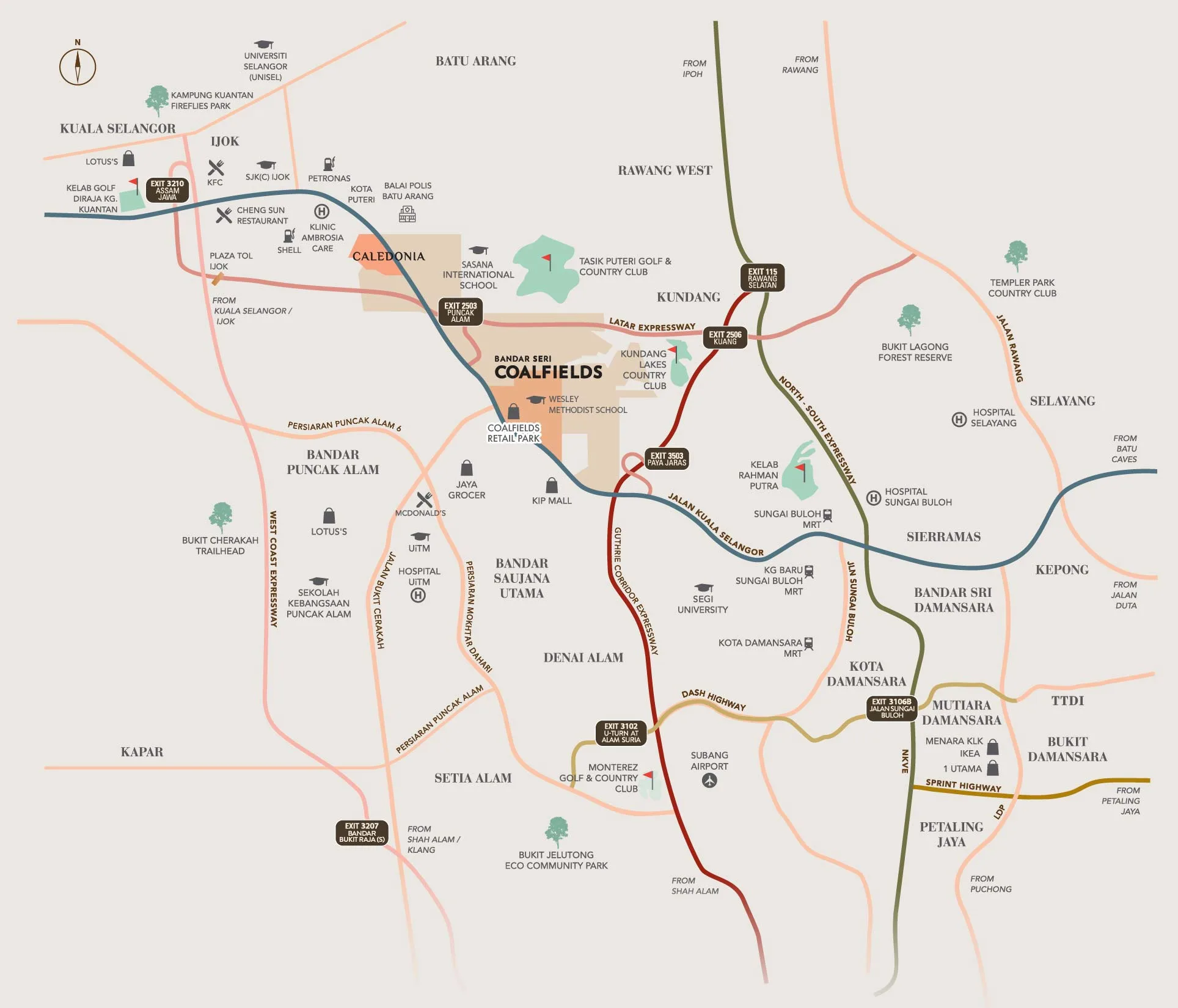 Bandar Seri Coalfields — developer's location map, May 2024 edition; schematic, distances not to scale