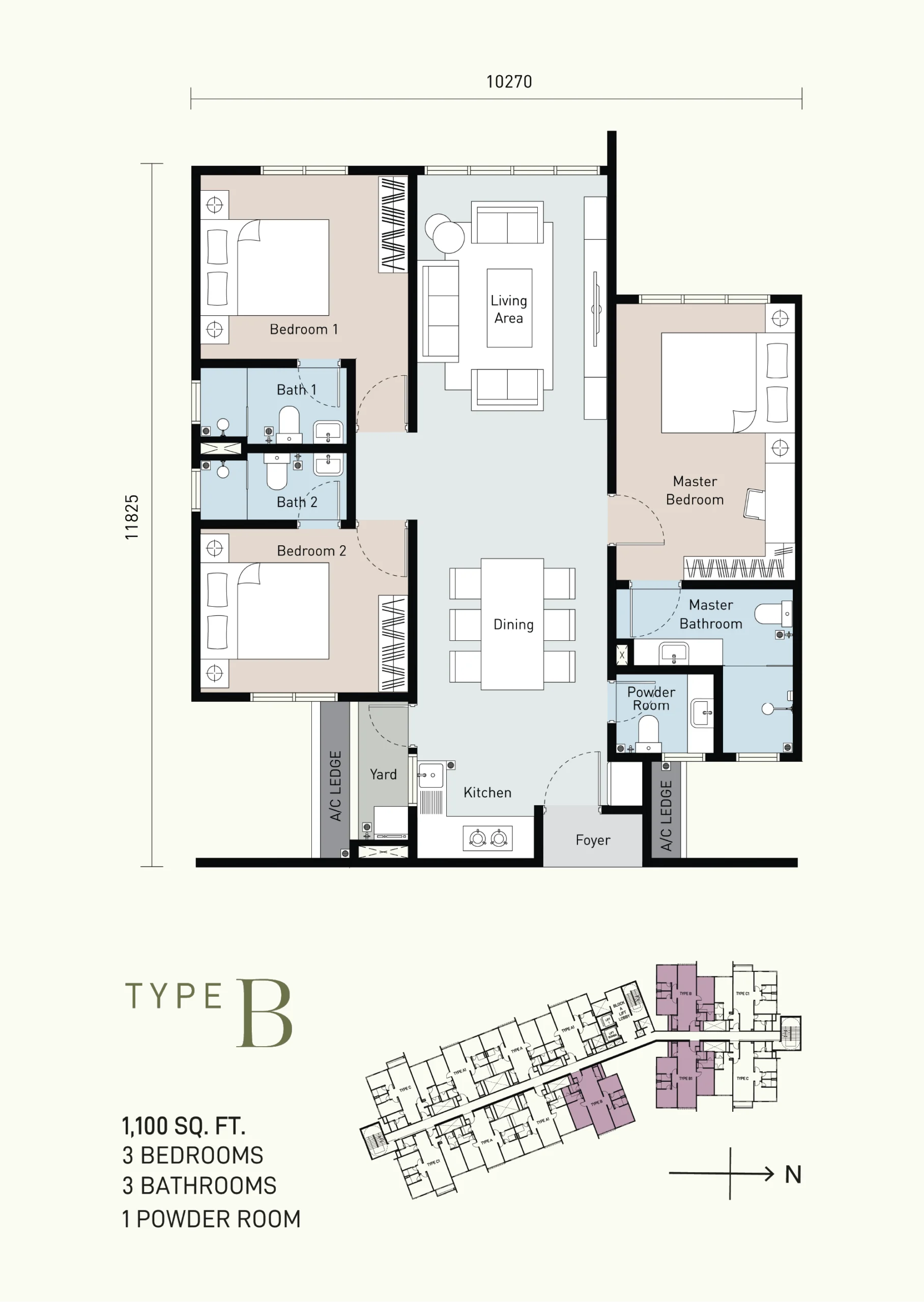 Type B floor plan, 1,100 sq ft at Bayu Timur by Pakar Angsana Sdn Bhd, Berjaya Park, Seksyen 32, Shah Alam, Daerah Klang, Selangor