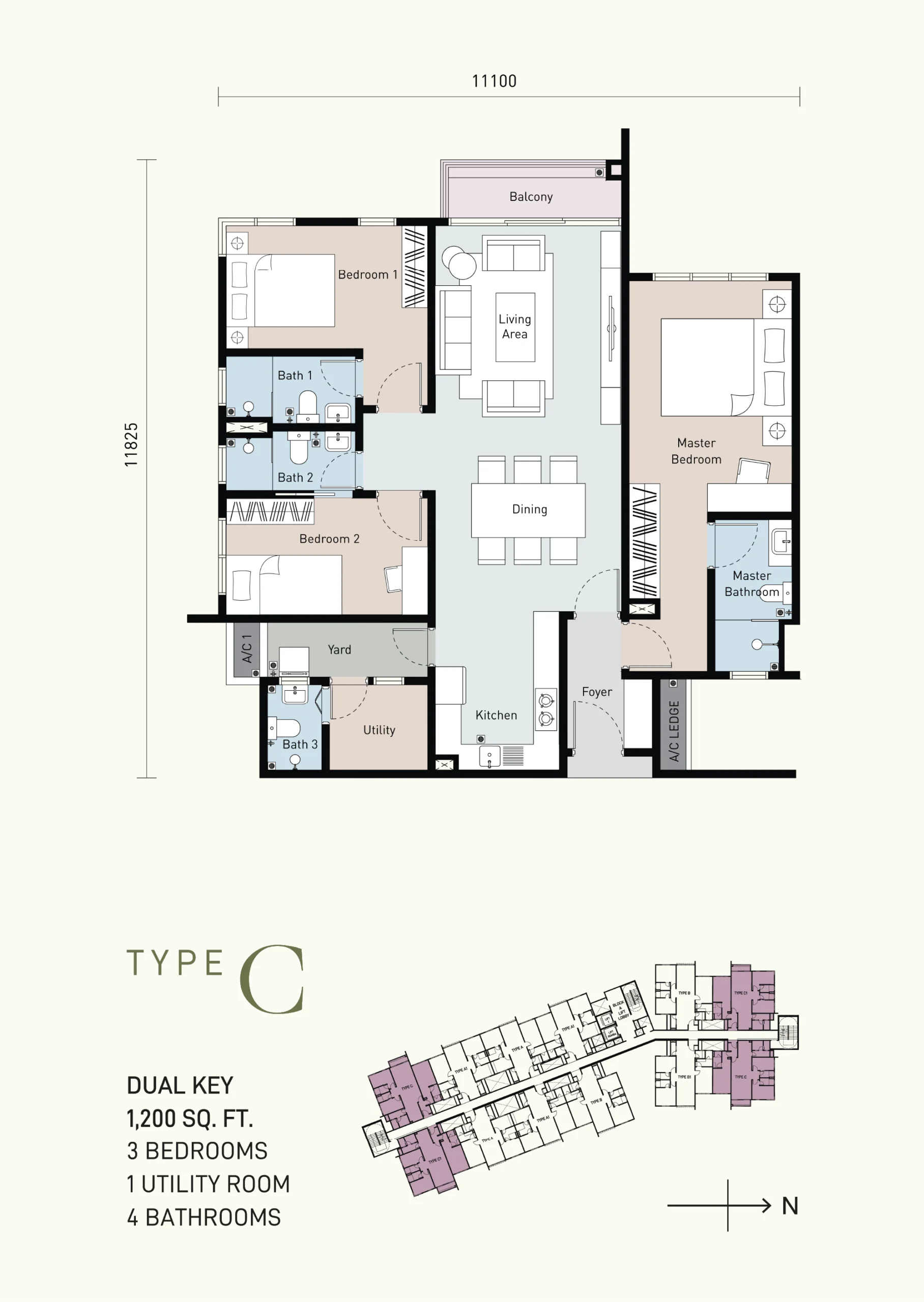 Type C floor plan, 1,200 sq ft at Bayu Timur by Pakar Angsana Sdn Bhd, Berjaya Park, Seksyen 32, Shah Alam, Daerah Klang, Selangor