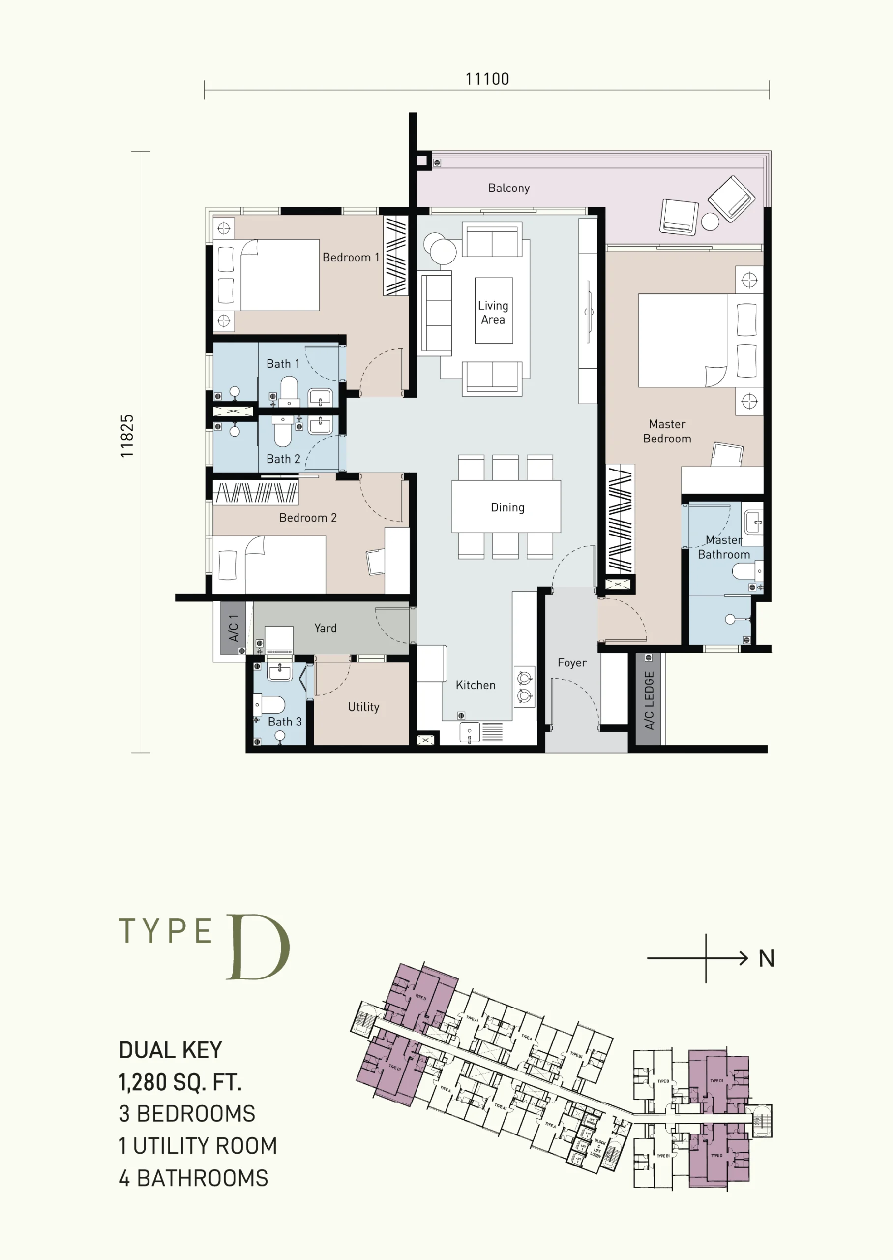 Type D floor plan, 1,280 sq ft at Bayu Timur by Pakar Angsana Sdn Bhd, Berjaya Park, Seksyen 32, Shah Alam, Daerah Klang, Selangor