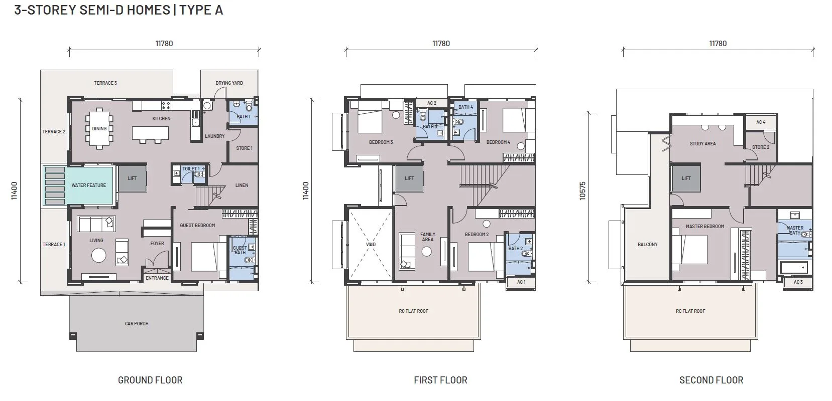 Type A three-storey semi-detached floor plan, subject inferred from the developer filename at Casa D'Arcadia by I&P Alam Impian Sdn Bhd, Setia Alam Impian, Daerah Klang, Shah Alam, Selangor
