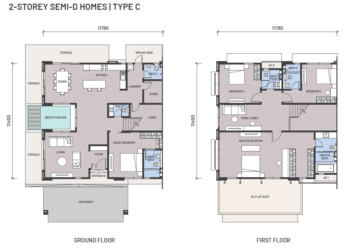 Type C two-storey semi-detached floor plan, caption-published by the developer floor plan slider at Casa D'Arcadia by I&P Alam Impian Sdn Bhd, Setia Alam Impian, Daerah Klang, Shah Alam, Selangor