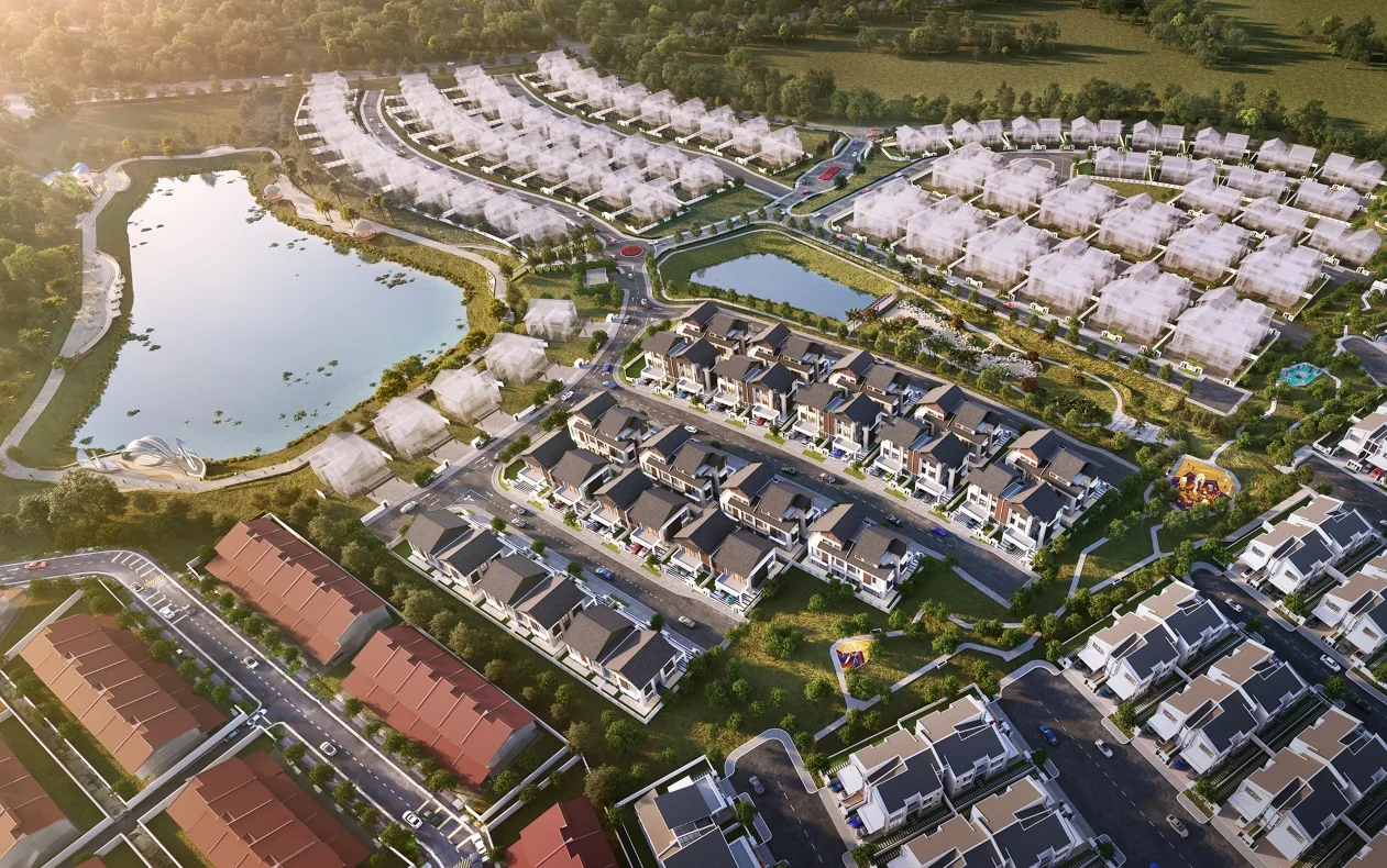 Aerial render of the enclave, subject inferred from the developer filename at Casa D'Arcadia by I&P Alam Impian Sdn Bhd, Setia Alam Impian, Daerah Klang, Shah Alam, Selangor