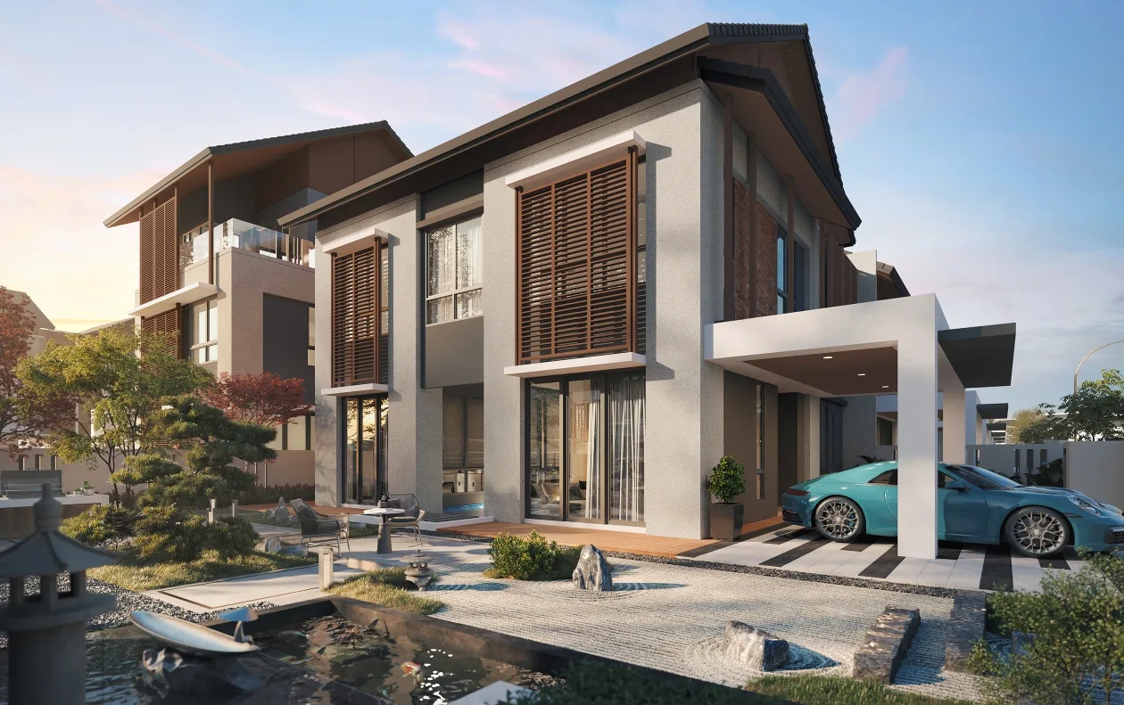 Two-storey semi-detached house exterior render, subject inferred from the developer filename at Casa D'Arcadia by I&P Alam Impian Sdn Bhd, Setia Alam Impian, Daerah Klang, Shah Alam, Selangor
