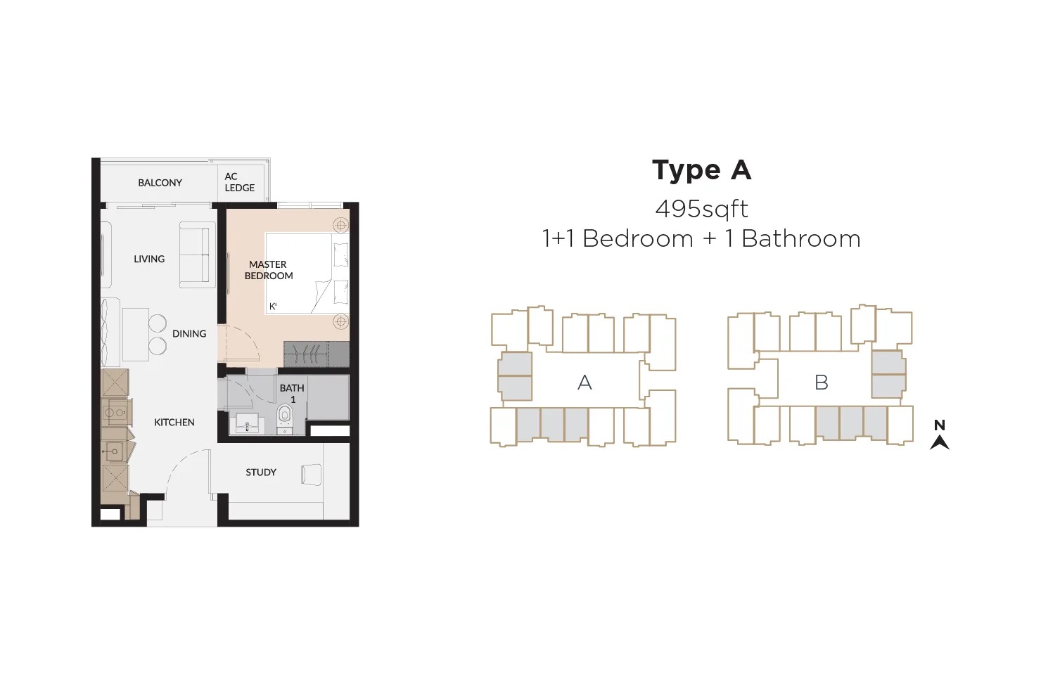 Type A floor plan, 495 square feet at Laurel Residence @ Bangsar South by Sunny Uptown Sdn Bhd, Bangsar South, Kerinchi, Kuala Lumpur, Federal Territory