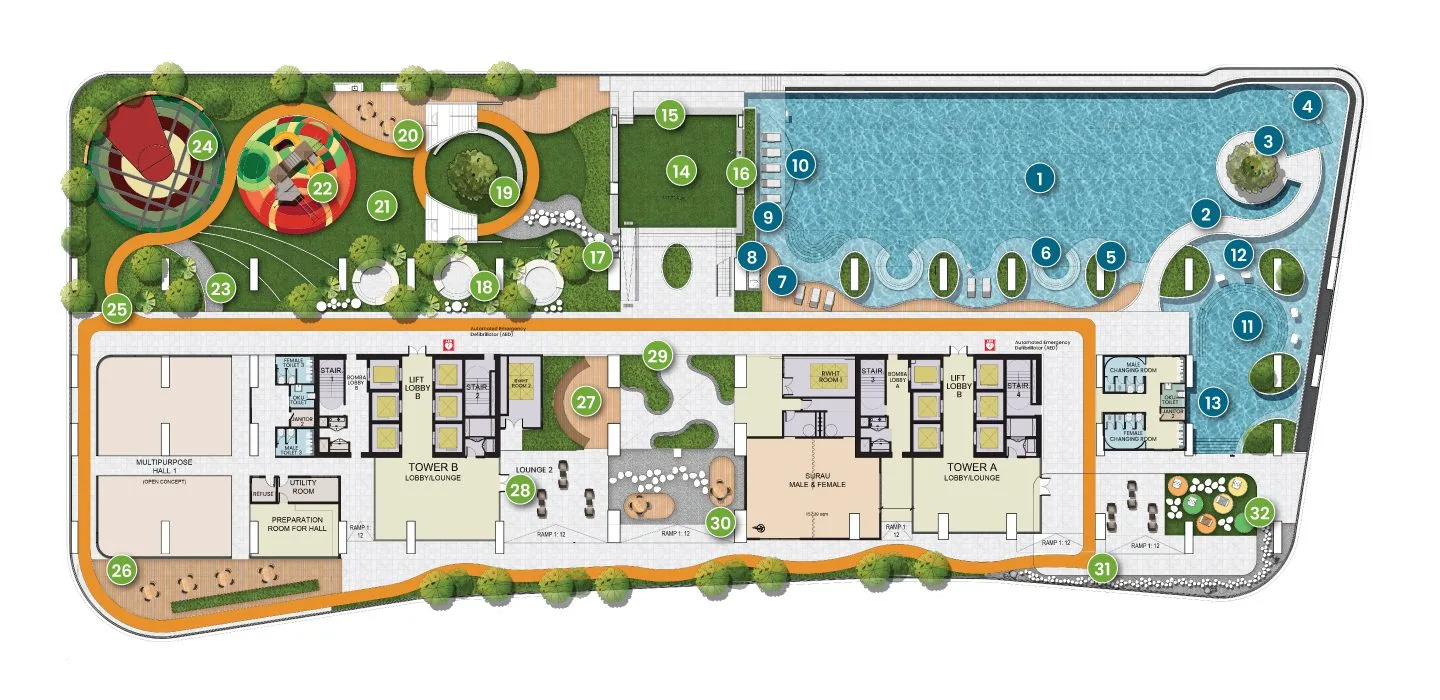 Facilities plan graphic at Laverra @ Bandar Sri Damansara by Sri Damansara Sdn Bhd (110516-H), a subsidiary of Land & General Berhad, Bandar Sri Damansara, Petaling, Petaling Jaya, Selangor