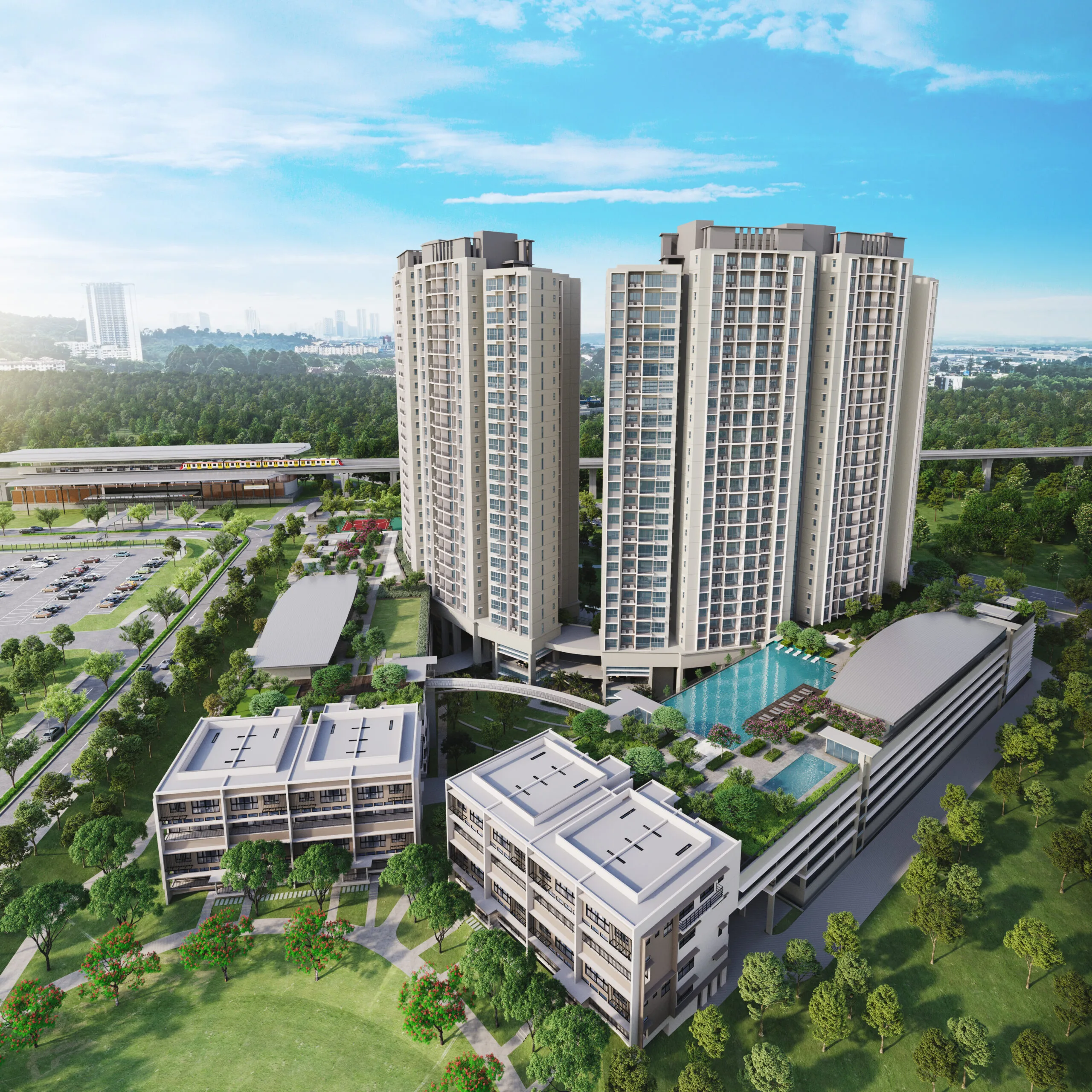 Rear facade of the two condominium blocks at Linari @ Kwasa Damansara by Linari Damansara Sdn Bhd, Kwasa Damansara township, Petaling district, Shah Alam, Selangor