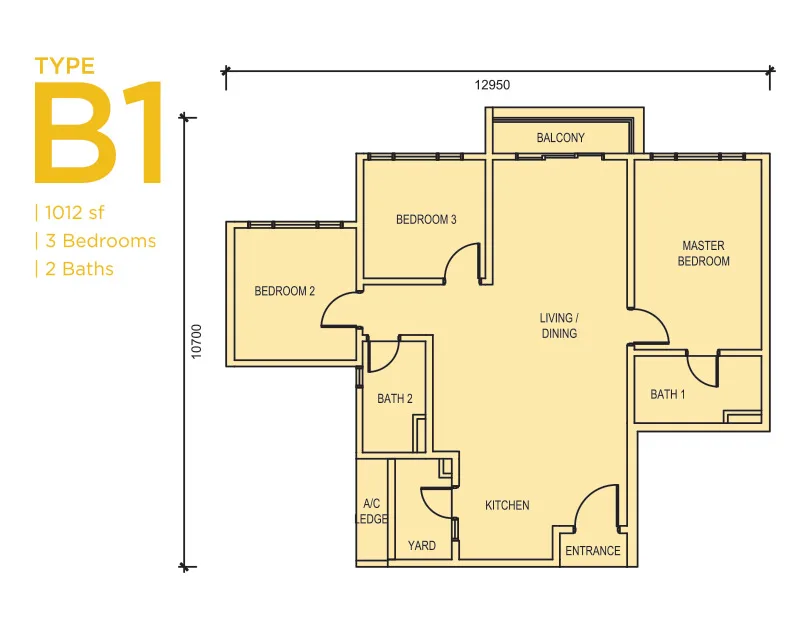 Type B1 floor plan, 1,012 sq ft at Livista @ Bandar Sri Damansara by Sri Damansara Sdn Bhd (110516-H), Bandar Sri Damansara, Petaling, Petaling Jaya, Selangor