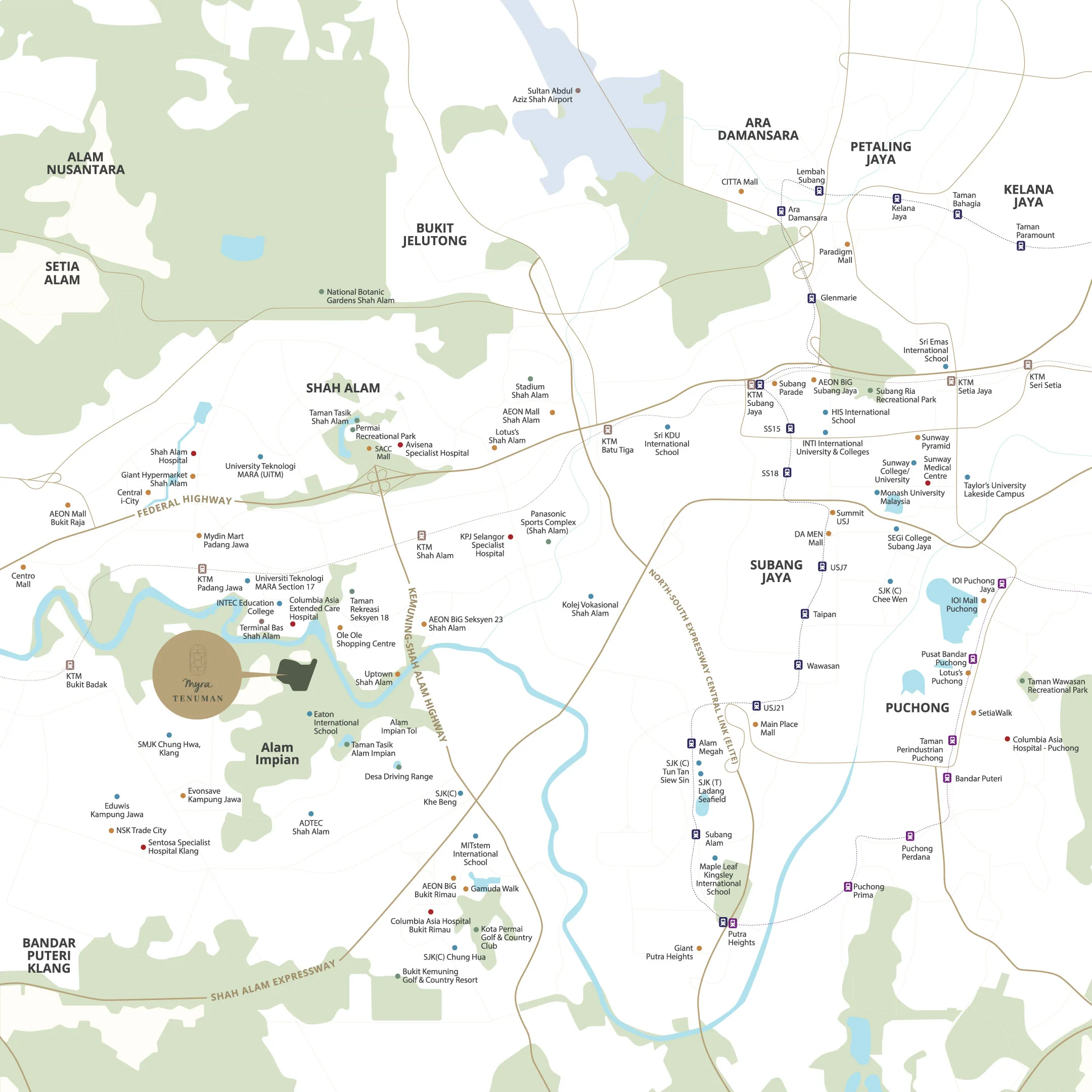 Amenities and location map derived from Google Maps, caption-published by the developer as myra tenuman amenities map image at Myra Tenuman by Total Majority Sdn Bhd, TTDI Alam Impian, Seksyen 35, Shah Alam, Selangor