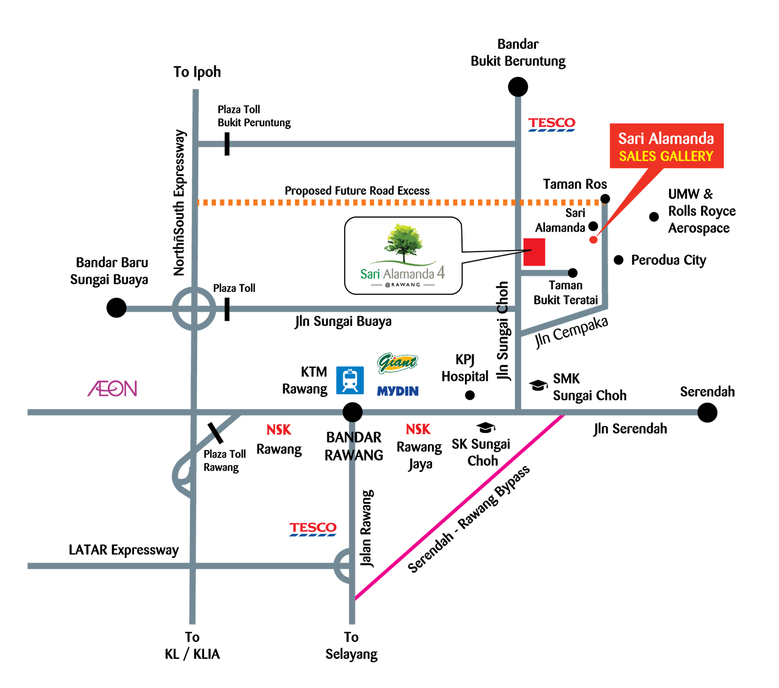 Sari Alamanda 4, Rawang — developer's location map; the project lies between Rawang town and Serendah, in Daerah Hulu Selangor