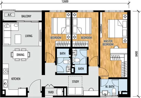 Sentral Suites, KL Sentral — Type C floor plan, 1,138 sq ft, 3 bedrooms, 3 bathrooms