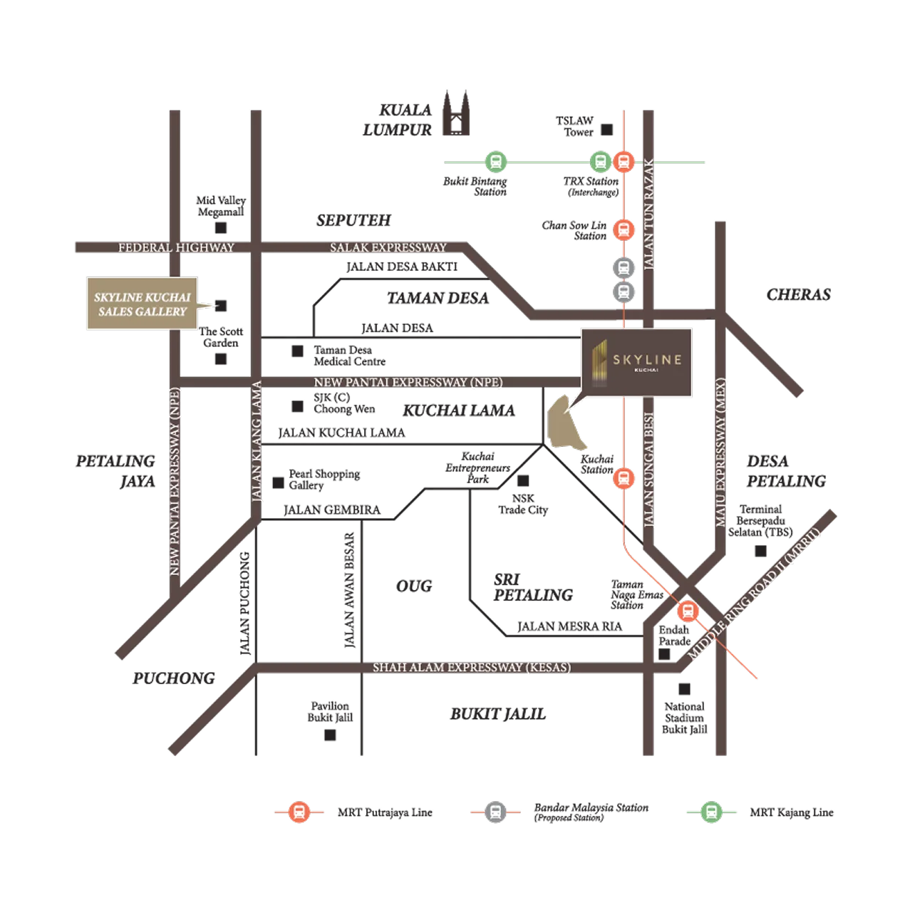 Location and road-access map at Skyline Kuchai by L & T Realty Sdn. Bhd., Kuchai Lama, Daerah Kuala Lumpur, Kuala Lumpur, Wilayah Persekutuan Kuala Lumpur