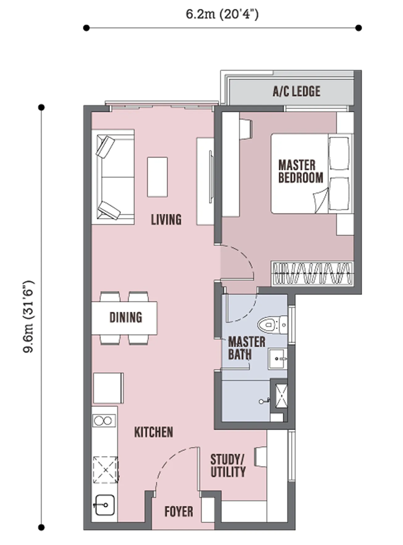 Type A floor plan, 550 sq ft, 1+1 bedroom, 1 bathroom at Skyline Kuchai by L & T Realty Sdn. Bhd., Kuchai Lama, Daerah Kuala Lumpur, Kuala Lumpur, Wilayah Persekutuan Kuala Lumpur