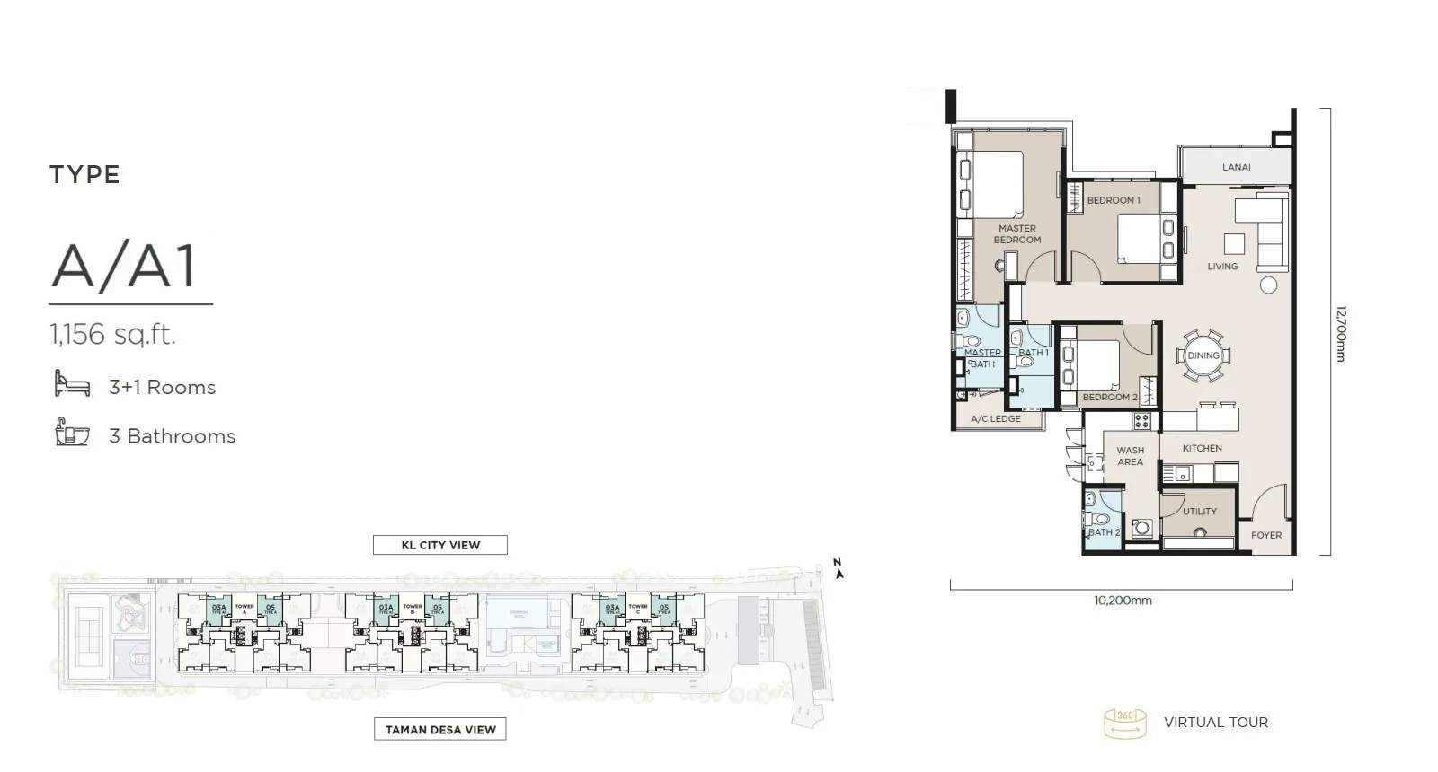 Filed Type A floor plan, 1,156 sq ft, at The Atas (Residensi The Atas) by Kaisar Maxim Sdn. Bhd., Taman Desa, Kuala Lumpur, Wilayah Persekutuan