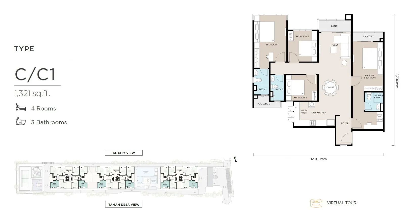 Filed Type C floor plan, 1,321 sq ft, at The Atas (Residensi The Atas) by Kaisar Maxim Sdn. Bhd., Taman Desa, Kuala Lumpur, Wilayah Persekutuan