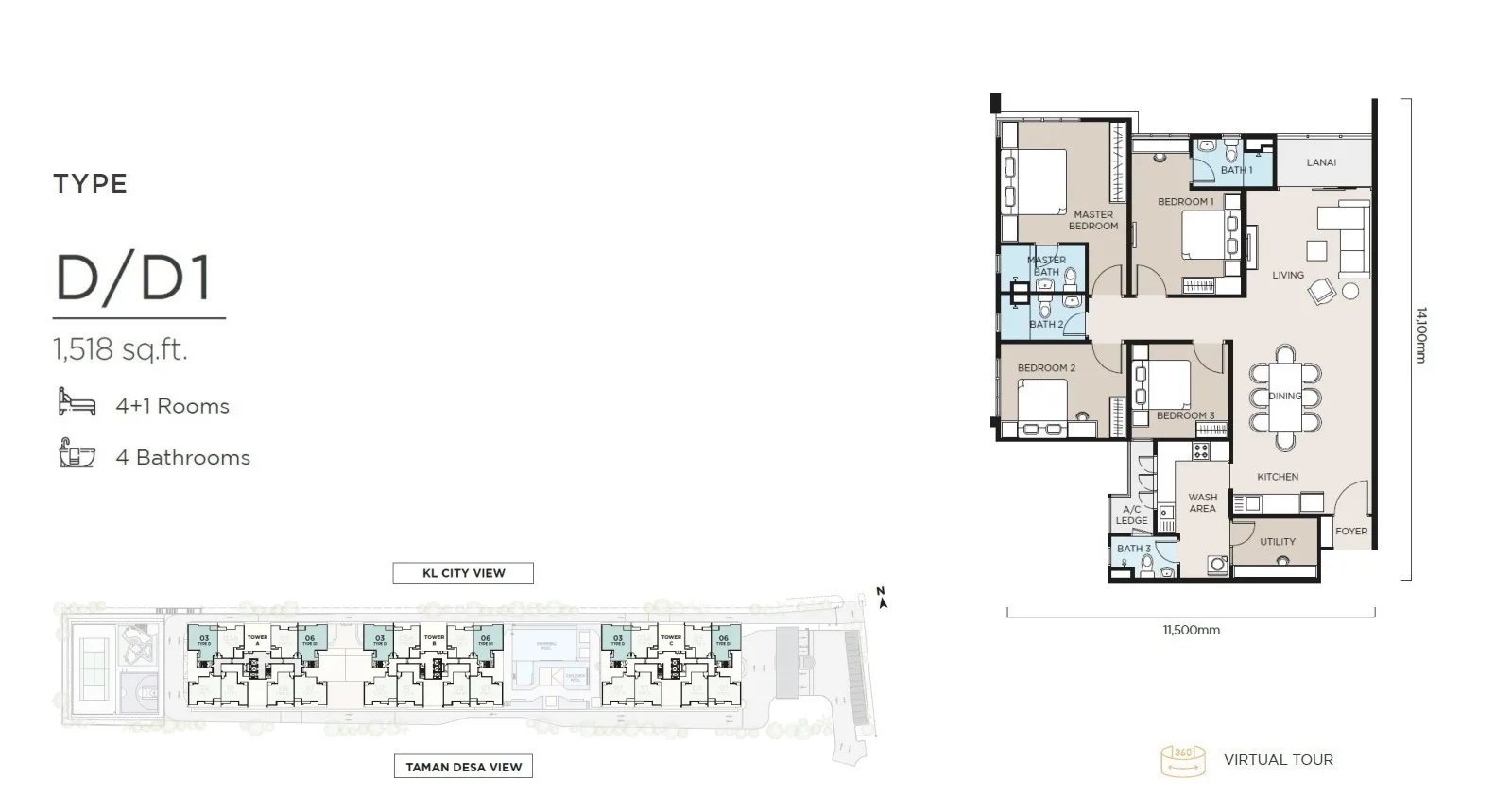 Filed Type D floor plan, 1,518 sq ft, at The Atas (Residensi The Atas) by Kaisar Maxim Sdn. Bhd., Taman Desa, Kuala Lumpur, Wilayah Persekutuan