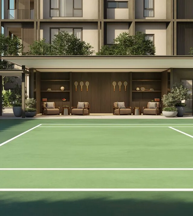 The Active Pavilion tennis court in a lawn club setting, artist’s impression at EDEN Taman Duta (registered RESIDENSI EDEN) by BRDB Developments Sdn Bhd, Jalan Gallagher, Taman Duta / Bukit Tunku, Daerah Kuala Lumpur, Kuala Lumpur, Wilayah Persekutuan