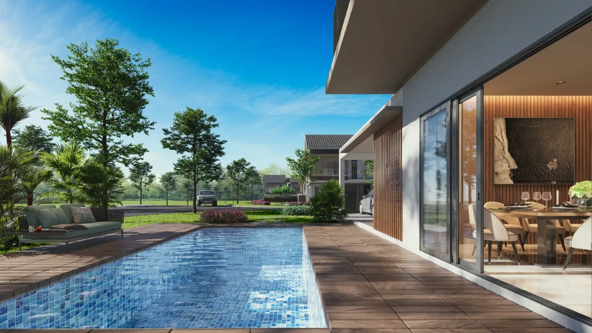 Type B exterior with the private pool, confirmed by the developer content management system as Exterior Type B Pool_FA at Tilia, Encorp Cahaya Alam, Seksyen U12, Shah Alam, Selangor, by Must Ehsan Development Sdn Bhd