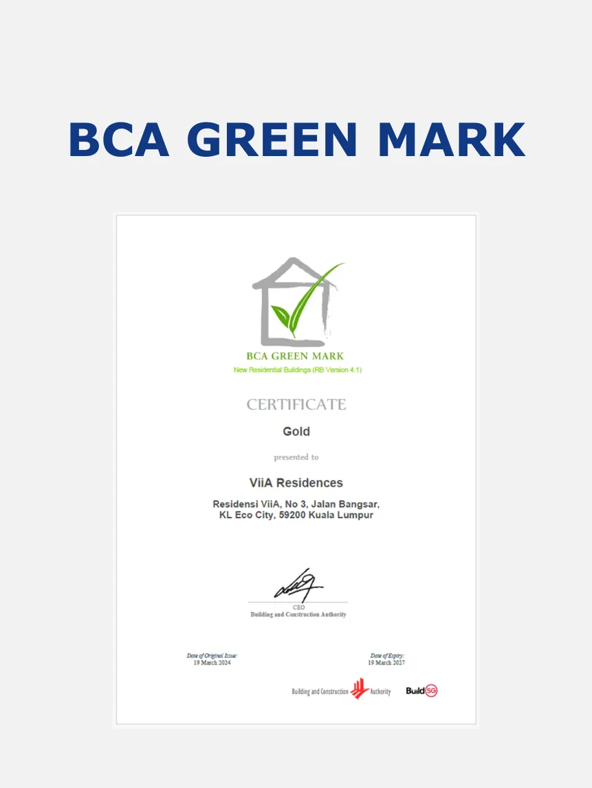 BCA Green Mark Gold certificate at ViiA Residences by KL Eco City Sdn Bhd, KL Eco City, Pantai Baru, Daerah Kuala Lumpur, Kuala Lumpur, WP Kuala Lumpur