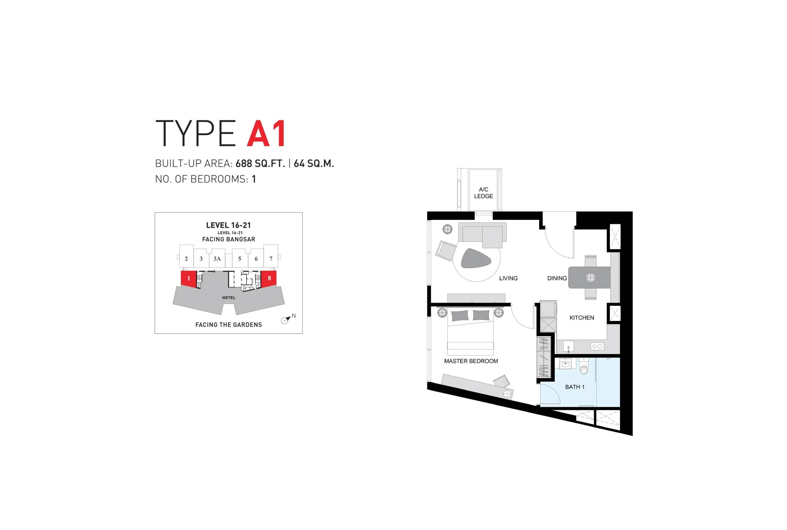 Type A1 floor plan at ViiA Residences by KL Eco City Sdn Bhd, KL Eco City, Pantai Baru, Daerah Kuala Lumpur, Kuala Lumpur, WP Kuala Lumpur