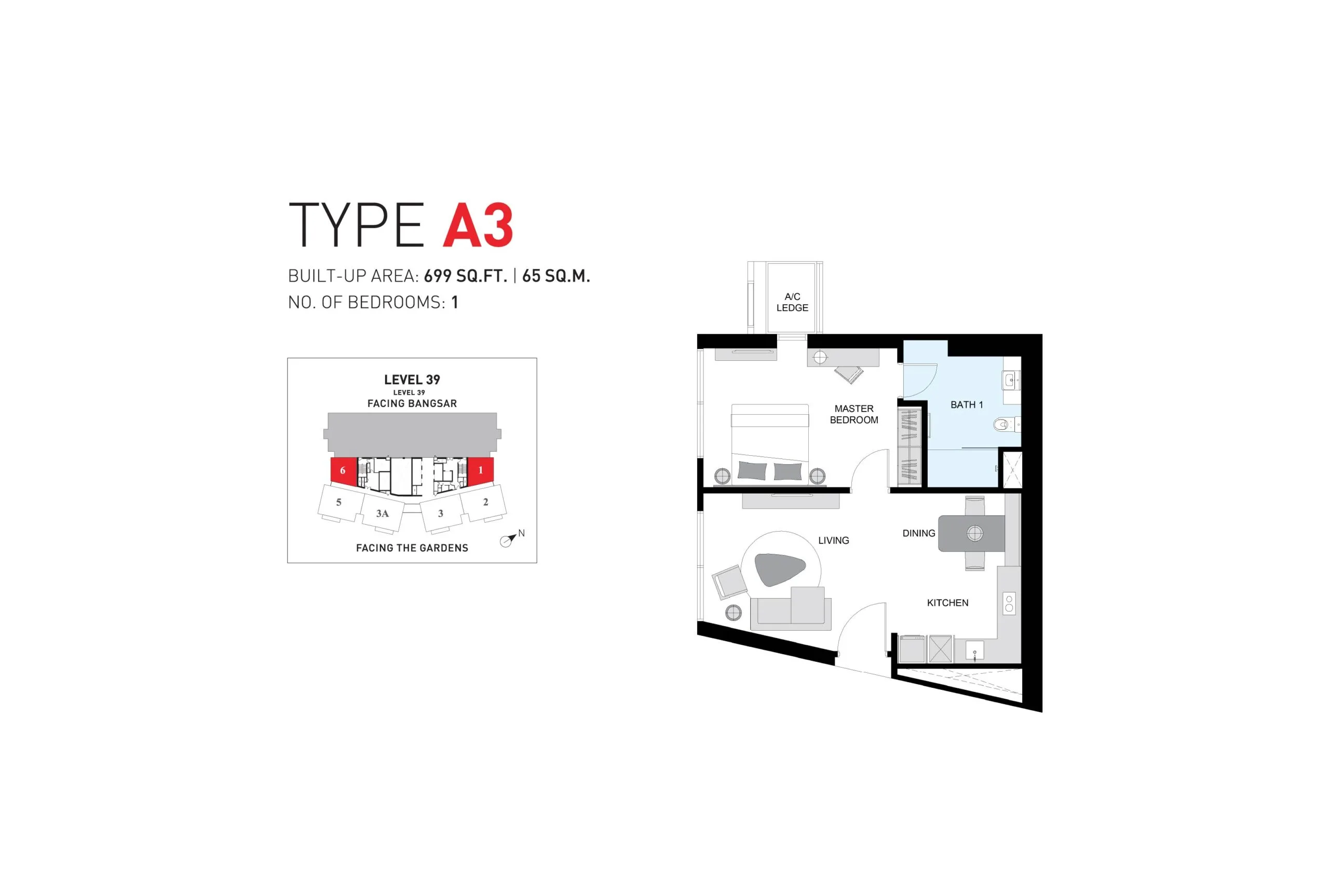 Type A3 floor plan at ViiA Residences by KL Eco City Sdn Bhd, KL Eco City, Pantai Baru, Daerah Kuala Lumpur, Kuala Lumpur, WP Kuala Lumpur