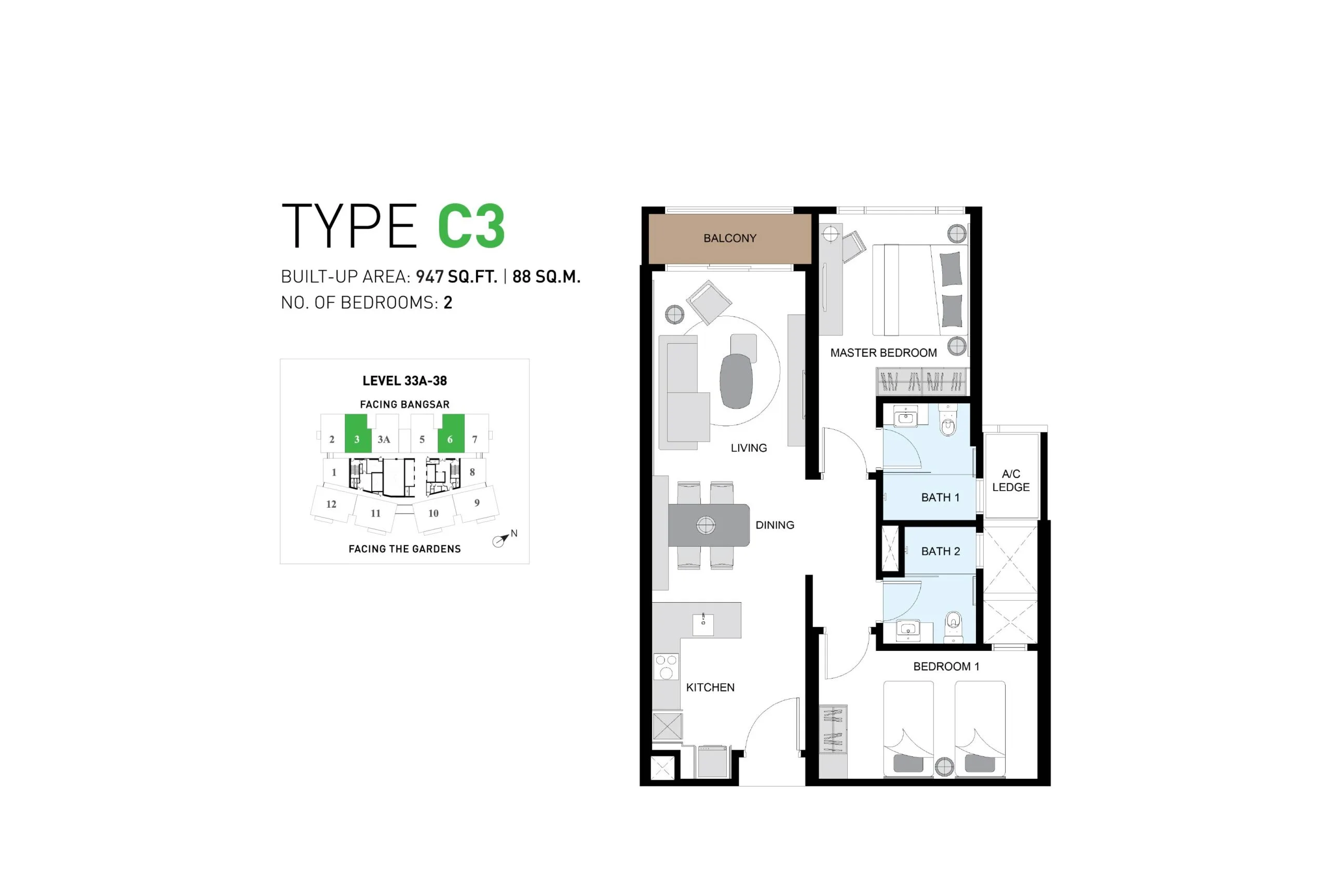 Type C3 floor plan at ViiA Residences by KL Eco City Sdn Bhd, KL Eco City, Pantai Baru, Daerah Kuala Lumpur, Kuala Lumpur, WP Kuala Lumpur