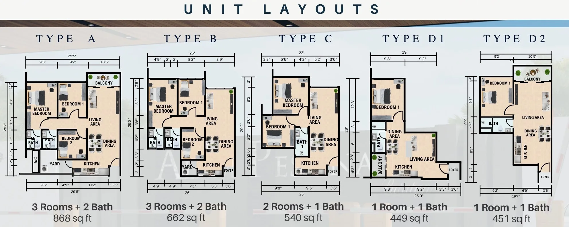 The five Phase 2 unit layouts side by side: Types A, B, C, D1 and D2, 449 to 868 sq ft, from the developer’s brochure at Alam Pesona Phase 2 (Sapphire), Putatan, Sabah