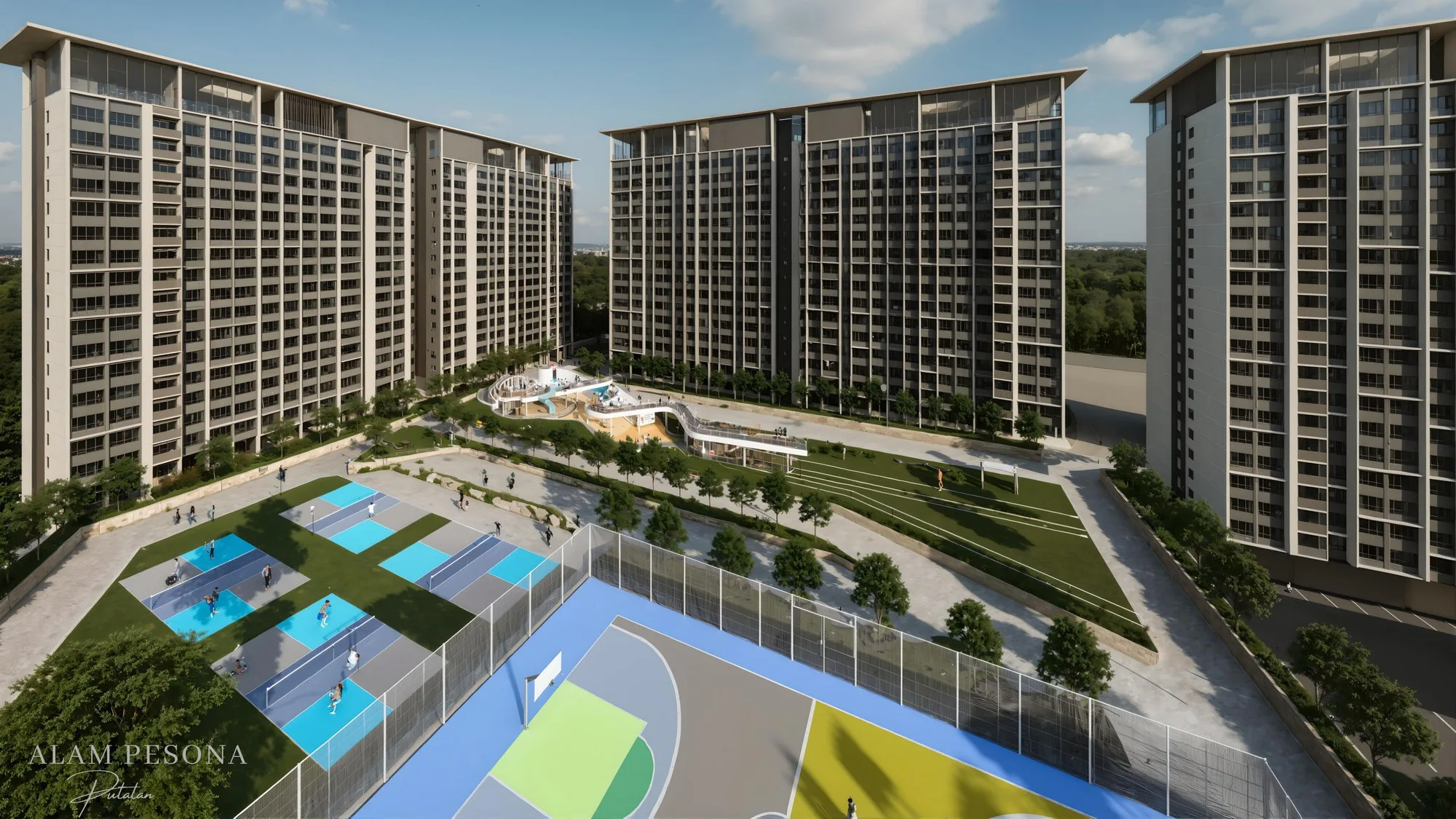 Artist’s impression: the three towers around the courts and eco deck, from the developer’s brochure at Alam Pesona Phase 2 (Sapphire), Putatan, Sabah
