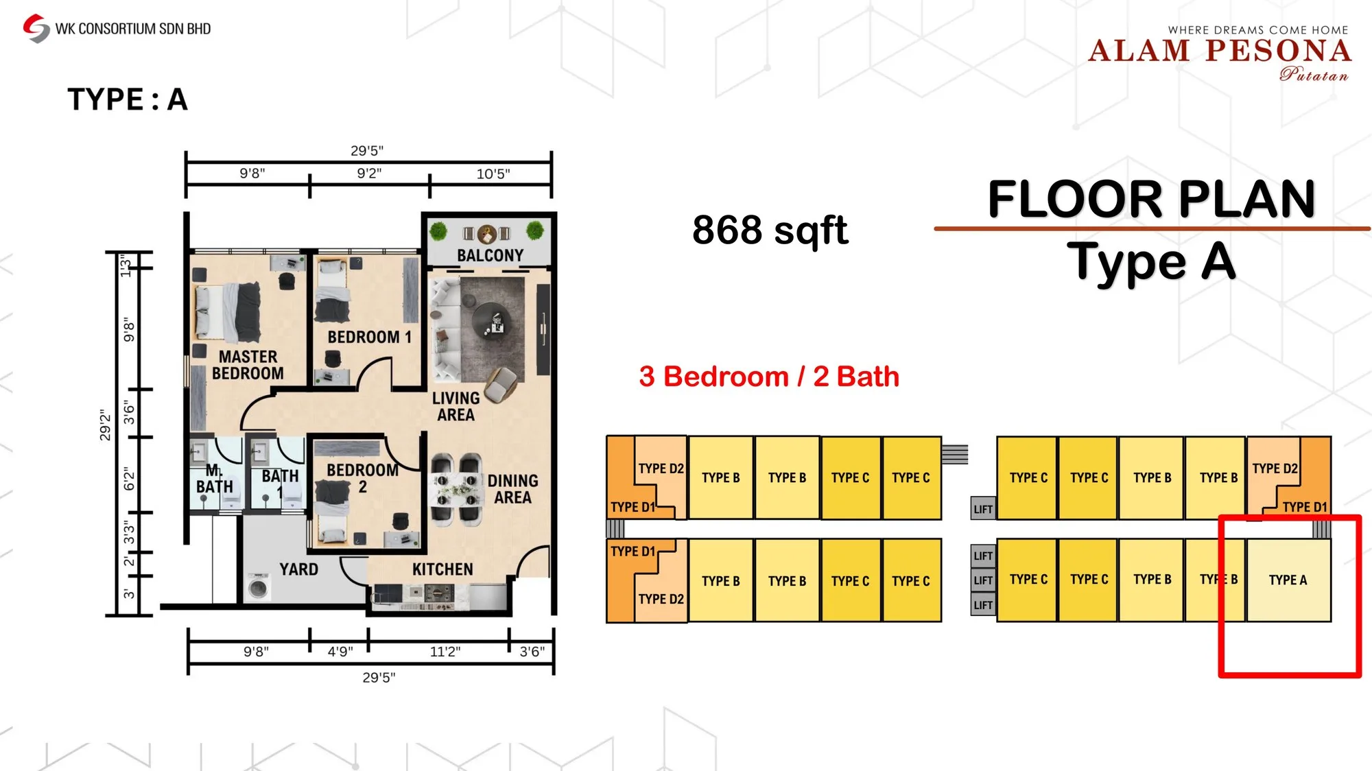 Type A floor plan, 3 bedroom 2 bathroom, 868 sq ft at Alam Pesona Phase 2 (Sapphire), Putatan, Sabah