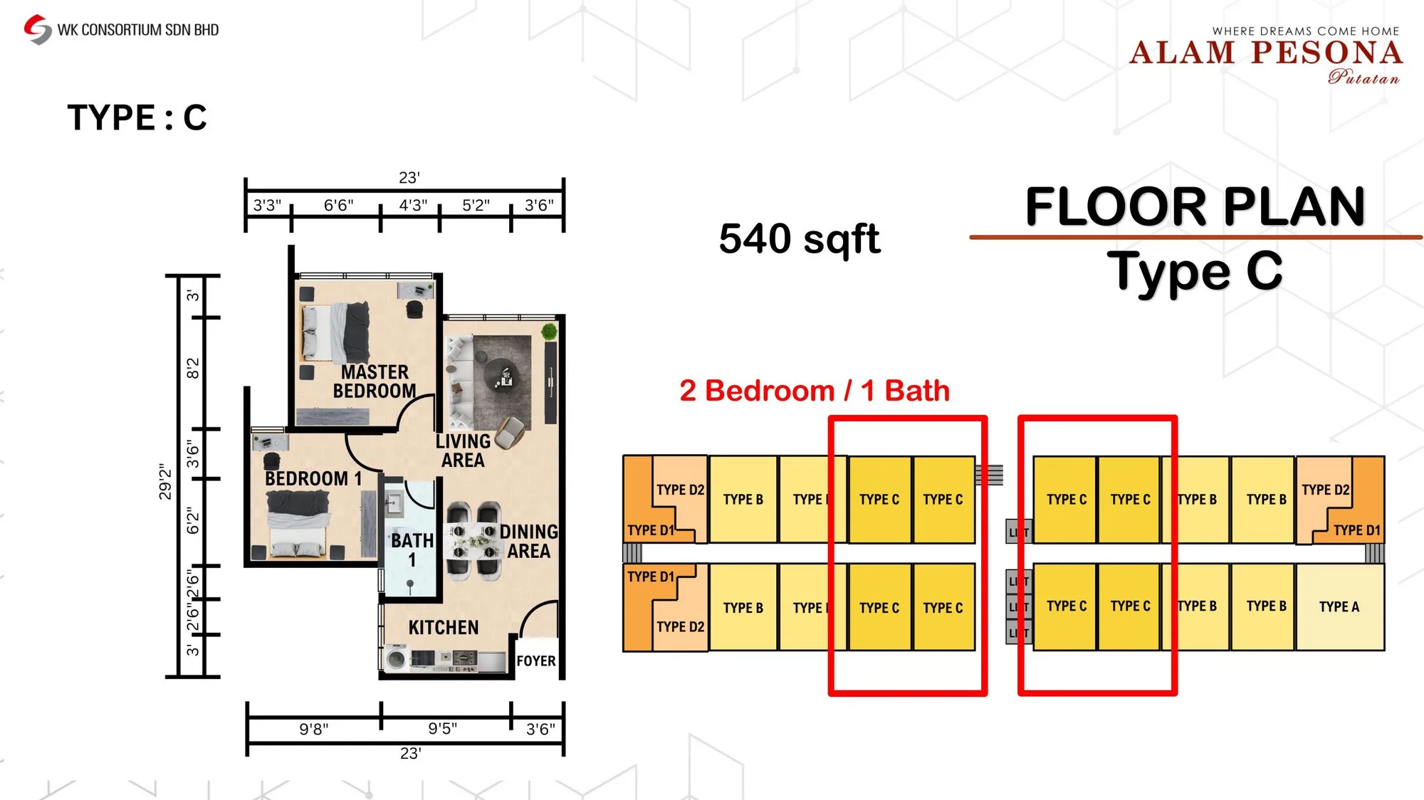 Type C floor plan, 2 bedroom 1 bathroom, 540 sq ft at Alam Pesona Phase 2 (Sapphire), Putatan, Sabah