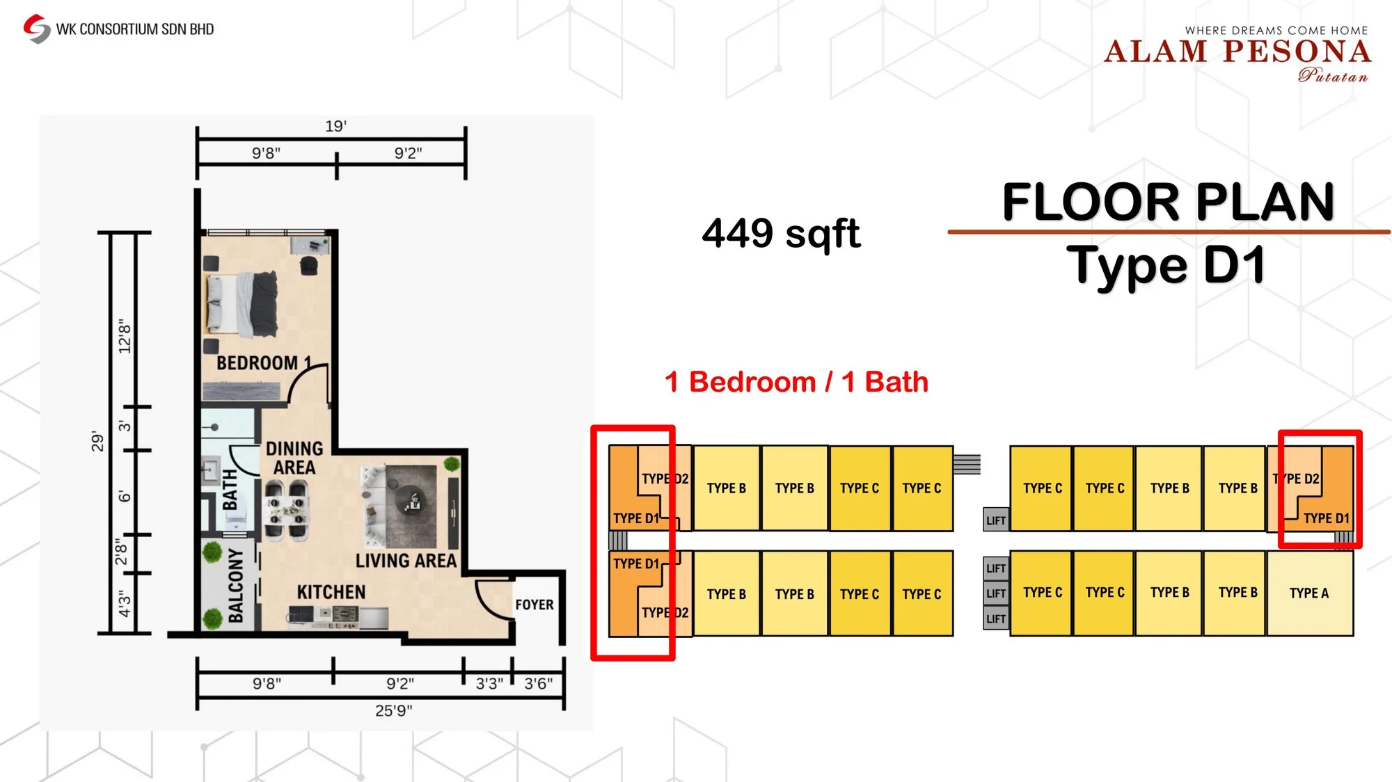 Type D1 floor plan, 1 bedroom 1 bathroom, 449 sq ft at Alam Pesona Phase 2 (Sapphire), Putatan, Sabah