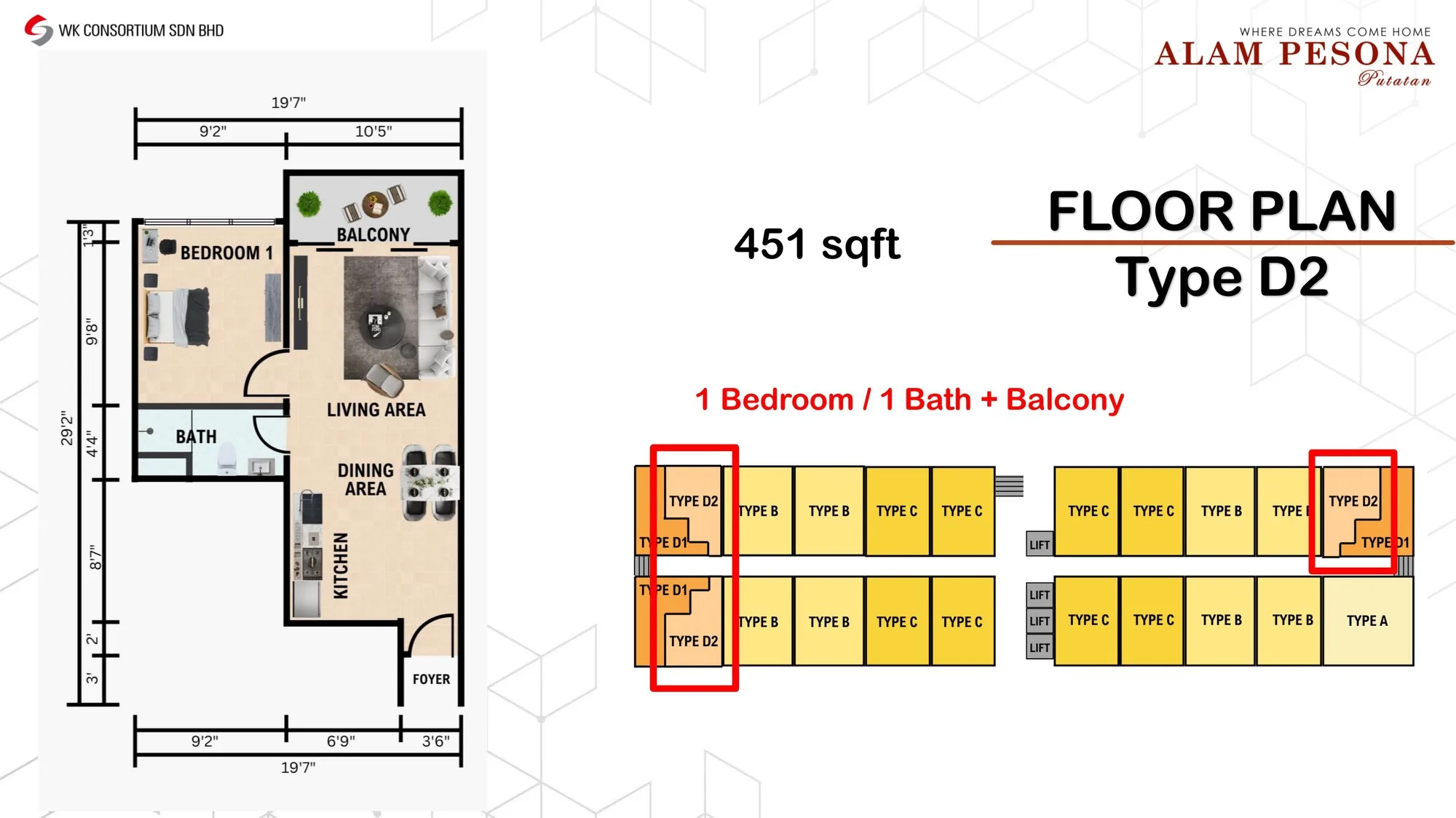 Type D2 floor plan, 1 bedroom 1 bathroom with balcony, 451 sq ft at Alam Pesona Phase 2 (Sapphire), Putatan, Sabah