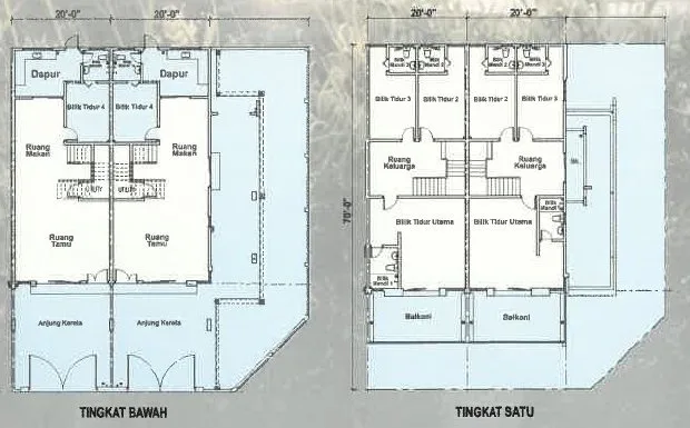 Ground and first floor plans of the 20 x 70 ft double-storey terrace at Ampang Cove by LYS Realty Sdn Bhd, Ampang, Ipoh, Perak