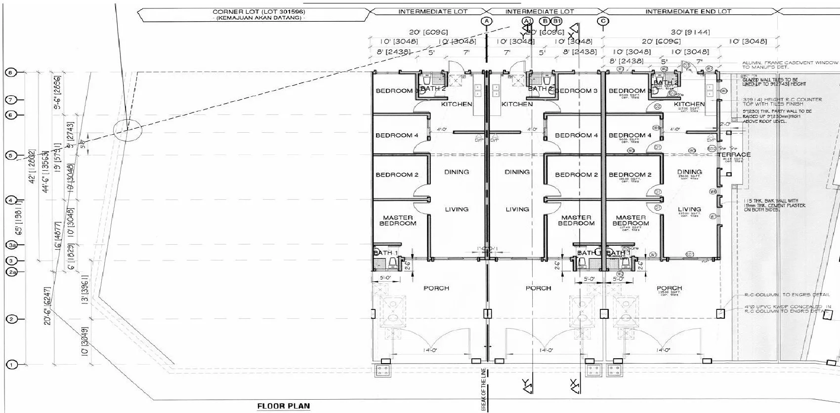 Dimensioned layout drawing of intermediate and end-lot terrace houses at Arena Perpaduan Utama, Tambun, Ipoh