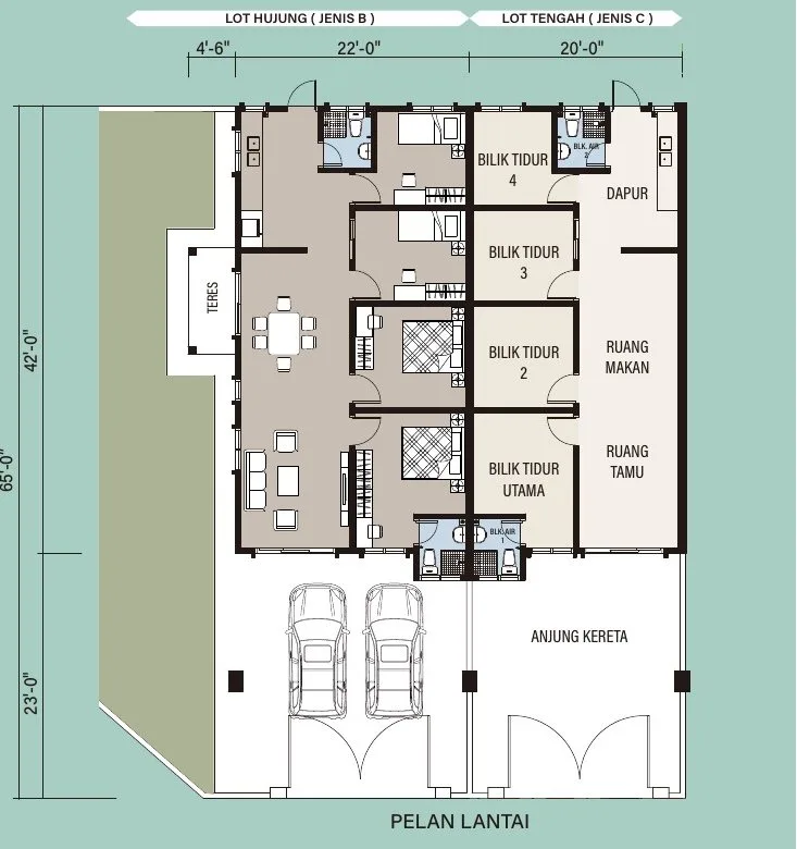 Floor plan of the corner (Type B) and intermediate (Type C) single-storey terrace houses at Arena Perpaduan Utama, Tambun, Ipoh