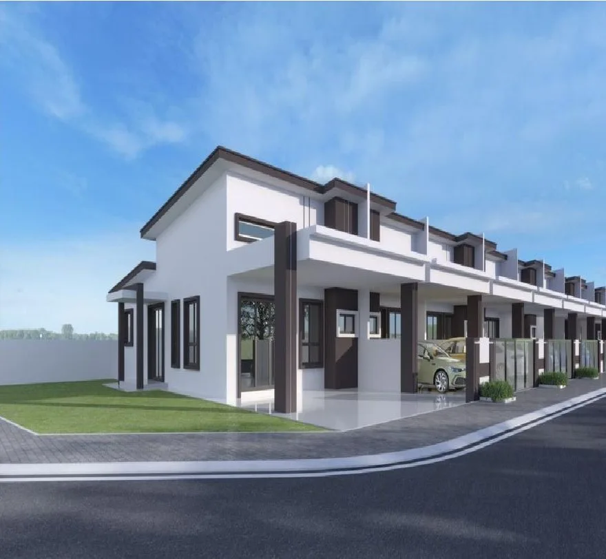 Corner-lot single-storey terrace house render at Arena Perpaduan Utama by Chestwood Properties Sdn Bhd, Tambun, Ipoh, Perak