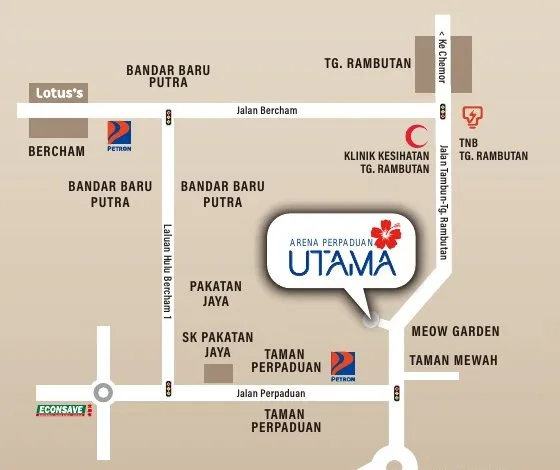 Developer location map of Arena Perpaduan Utama between Jalan Bercham and Sunway City Ipoh, Tambun, Ipoh