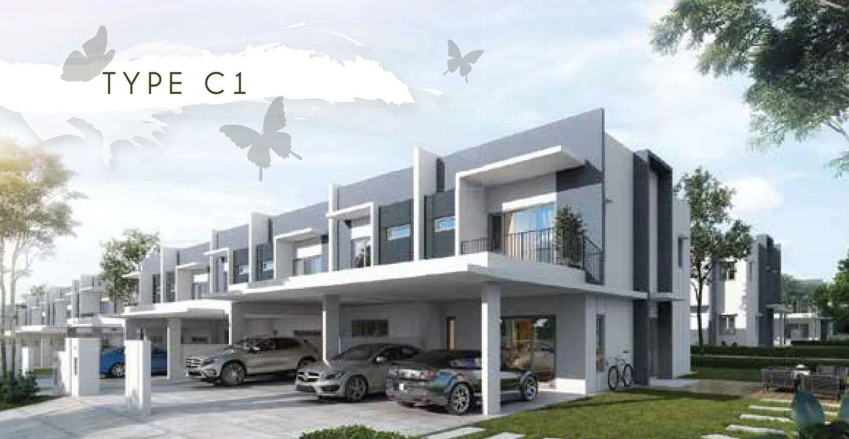 Type C1 (Belle) double-storey terraces in Phase 5H — façade image from the developer’s brochure at Bandar Sri Indah, Jalan Apas, Tawau, Sabah