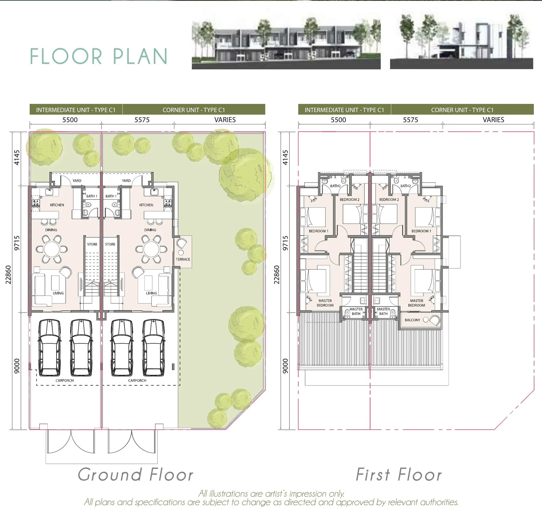 Bandar Sri Indah Type C1 Belle floor plan, intermediate and corner at Bandar Sri Indah, Jalan Apas, Tawau, Sabah