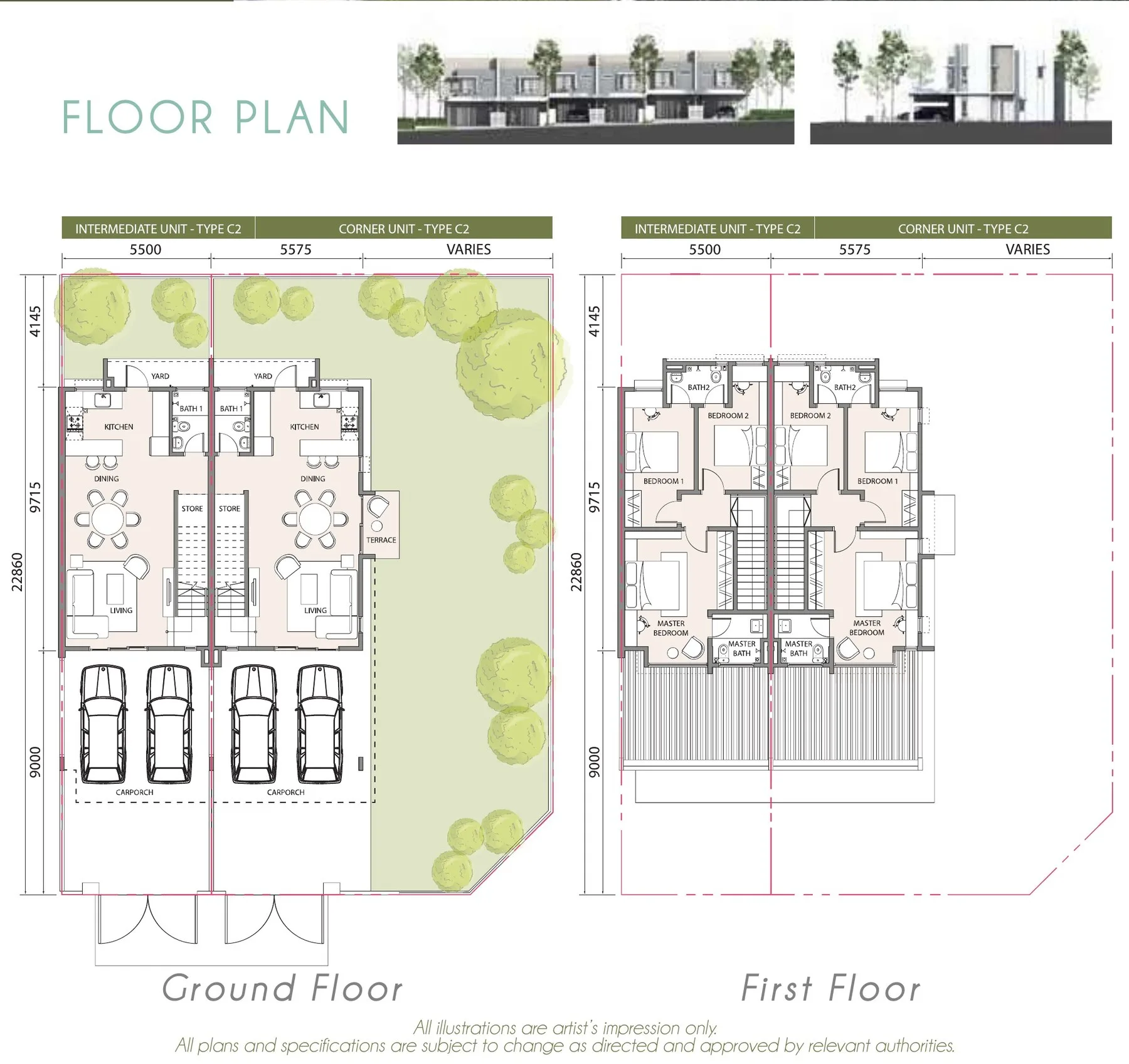 Bandar Sri Indah Type C2 Cassie floor plan, intermediate and corner at Bandar Sri Indah, Jalan Apas, Tawau, Sabah