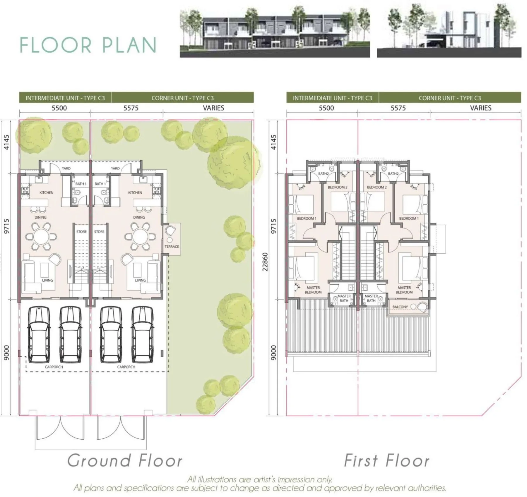 Bandar Sri Indah Type C3 Myka floor plan, intermediate and corner at Bandar Sri Indah, Jalan Apas, Tawau, Sabah