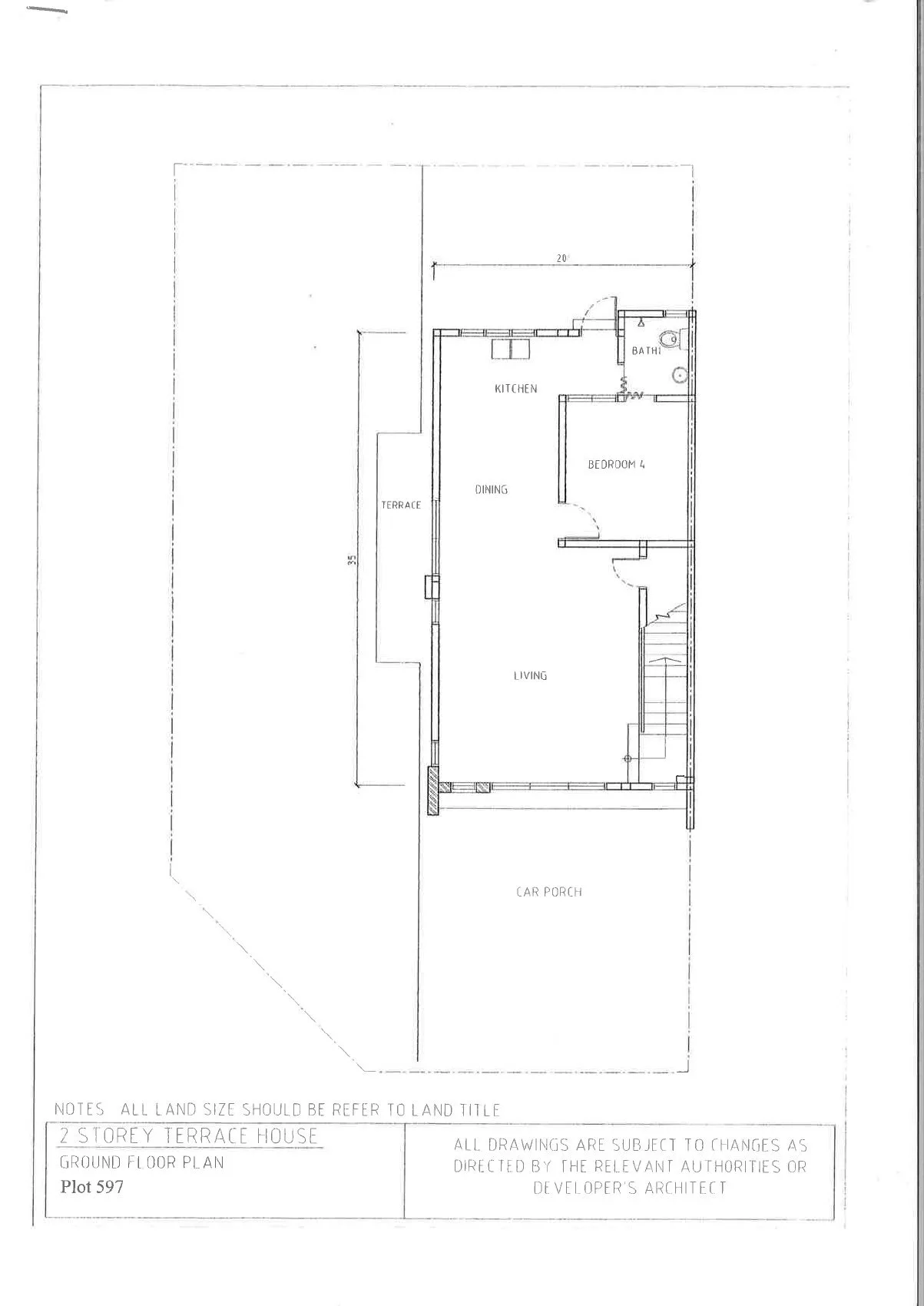 Ground floor plan of end-lot plot 597 with side terrace at Banyan Kayangan, Lahat, Ipoh