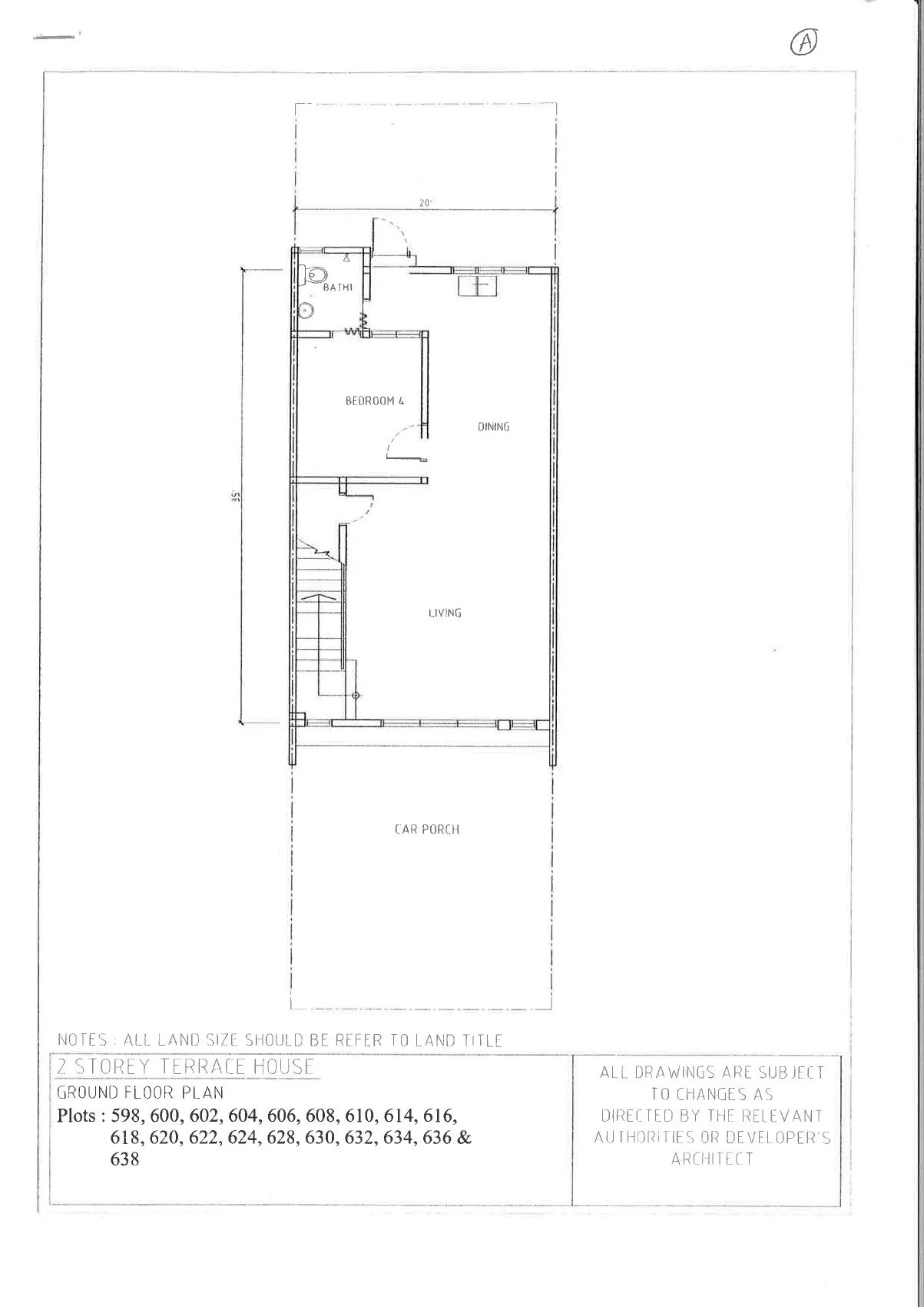 Ground floor plan of the standard 20' x 70' intermediate terrace house at Banyan Kayangan, Lahat, Ipoh