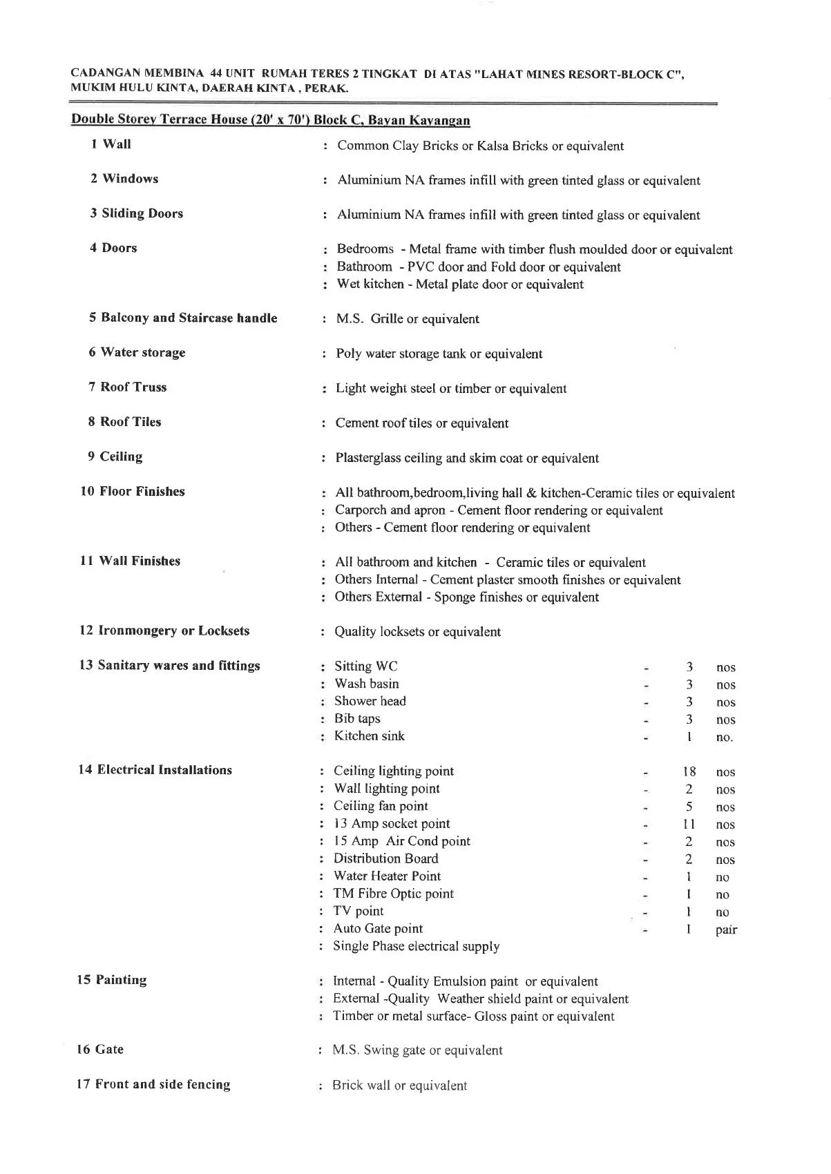 Building specification schedule for Banyan Kayangan double-storey terrace houses by Excellent Realty Sdn Bhd, Lahat, Ipoh